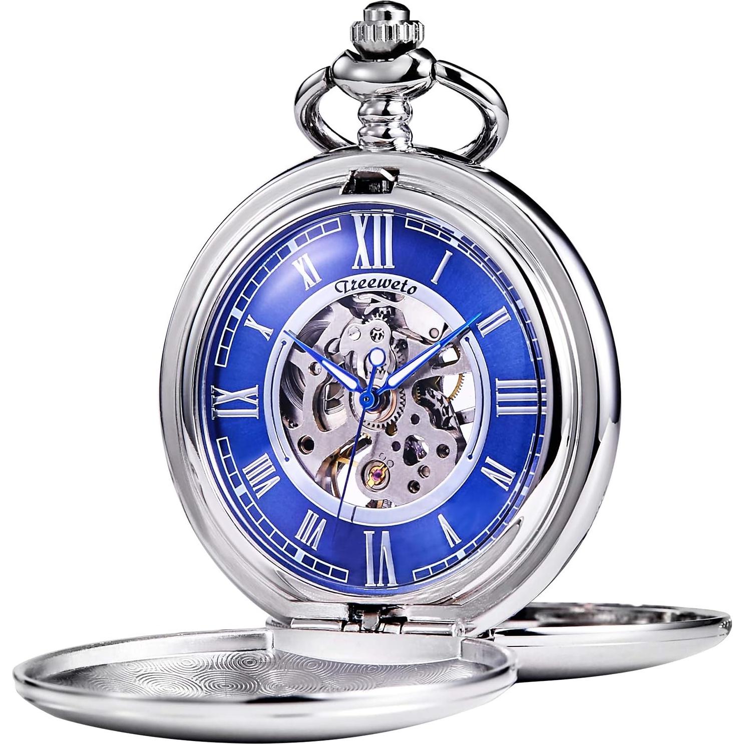 Reloj de bolsillo TREEWETO mecánico con cadena y dial azul