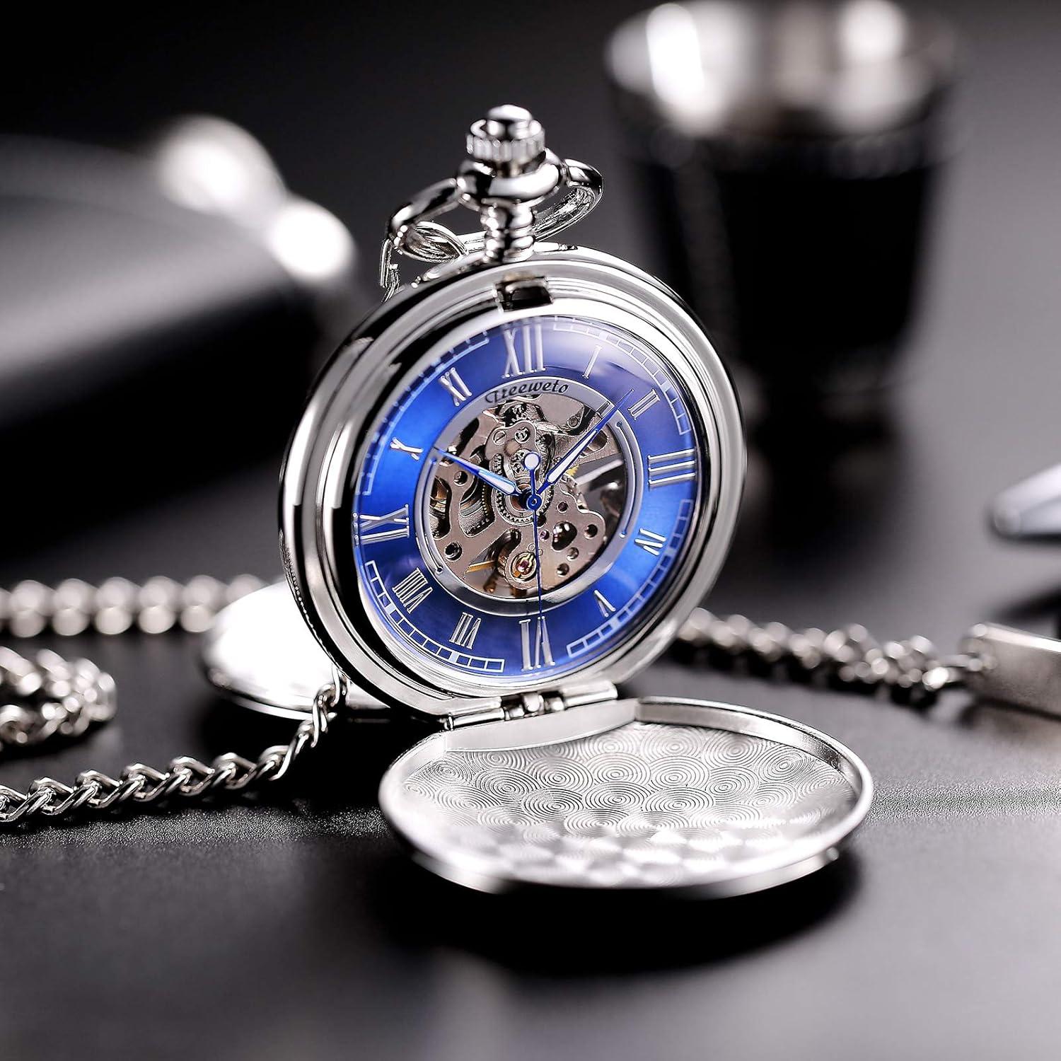 Reloj de bolsillo TREEWETO mecánico con cadena y dial azul