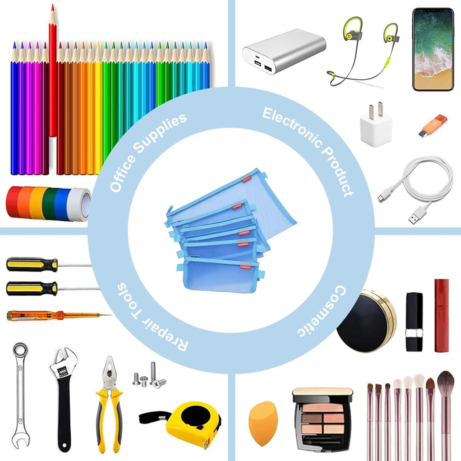 Bolsa de Malla con Cremallera Pendancy 5pcs Nylon Azul A4 A5 A6