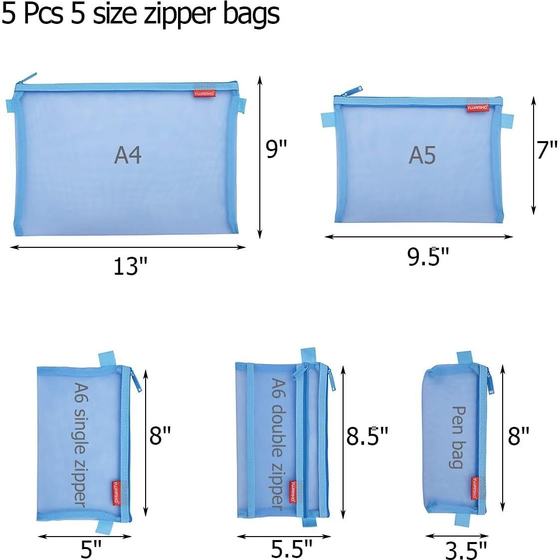Bolsa de Malla con Cremallera Pendancy 5pcs Nylon Azul A4 A5 A6
