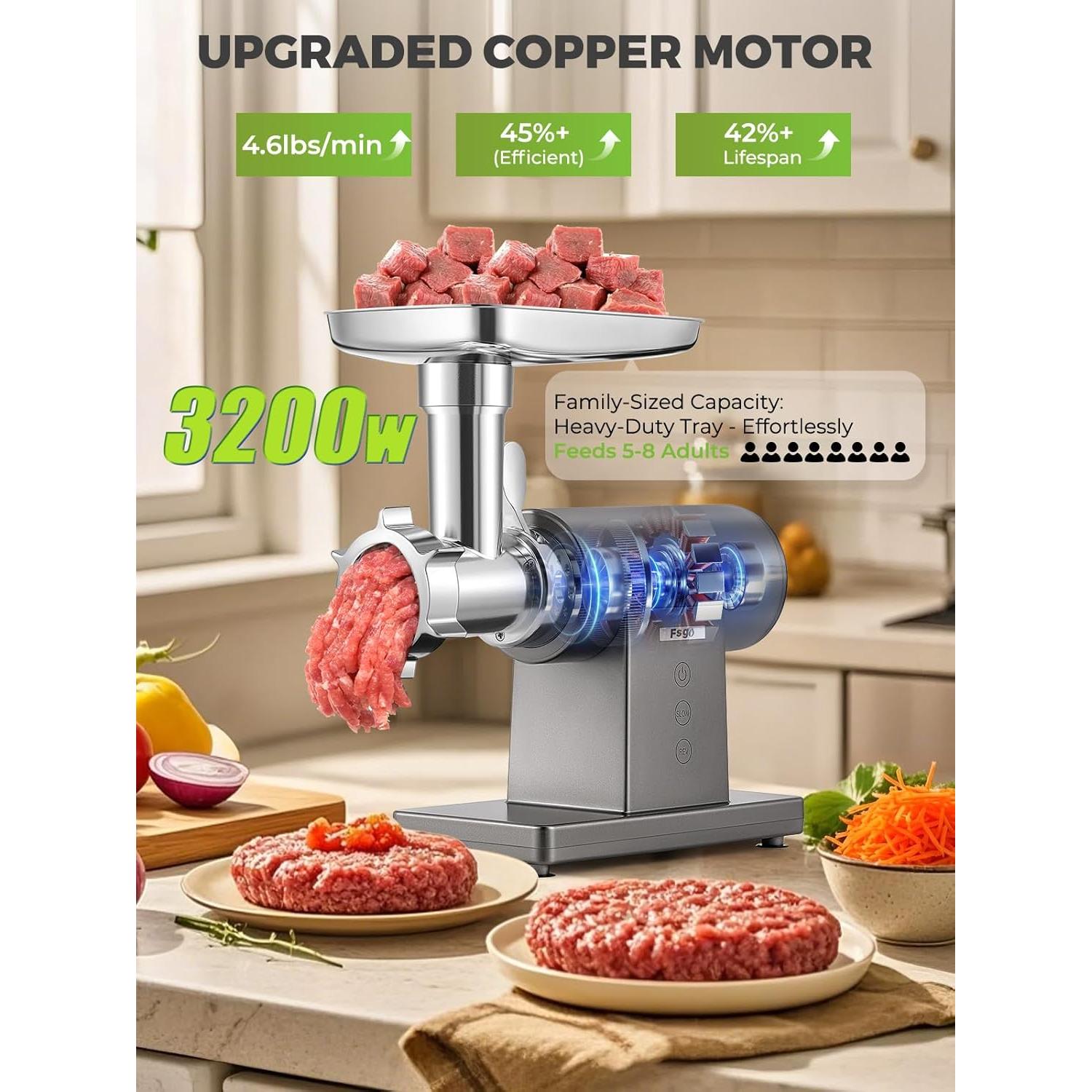 Picadora de Carne Eléctrica 3200W Flyseago 6 en 1 Multifuncional