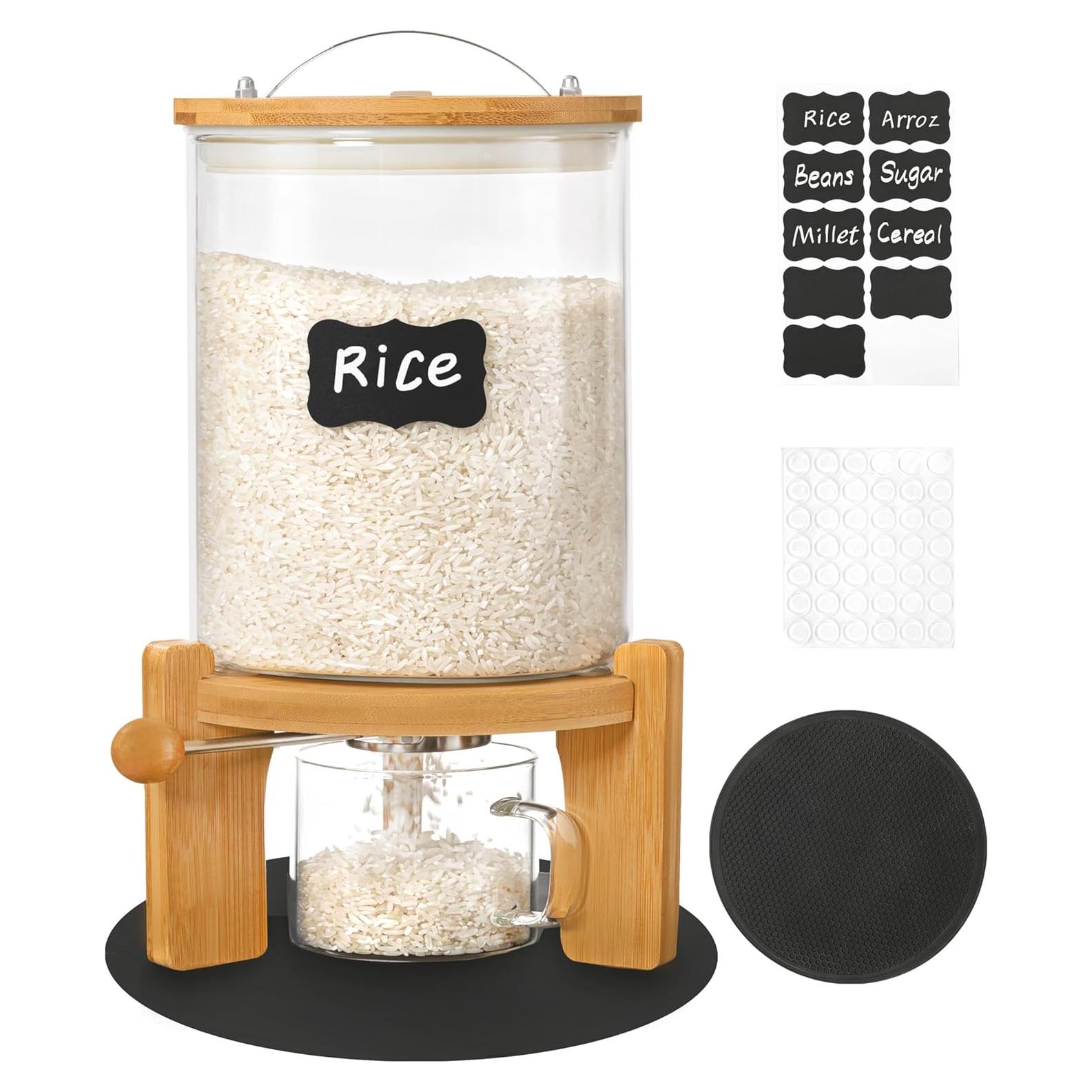 Dispensador de arroz Famyards vidrio 3L con soporte madera