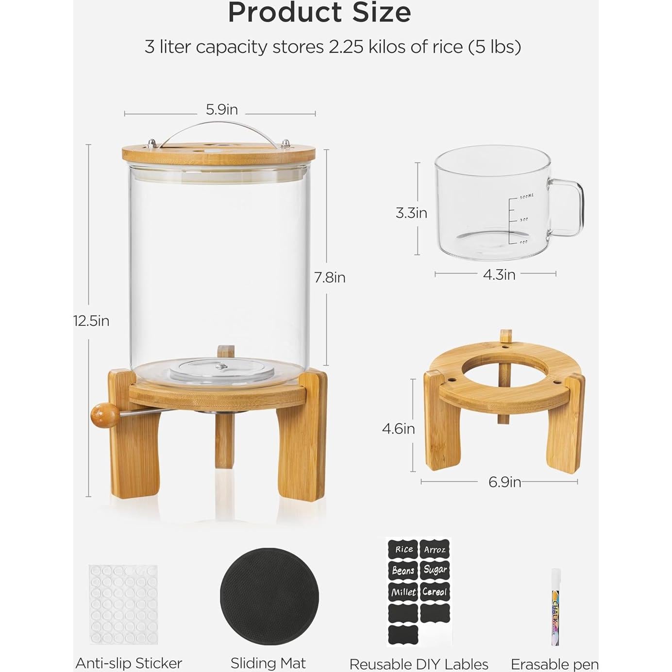 Dispensador de arroz Famyards vidrio 3L con soporte madera