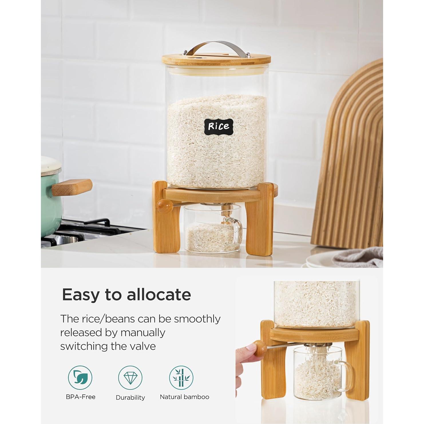 Dispensador de arroz Famyards vidrio 3L con soporte madera