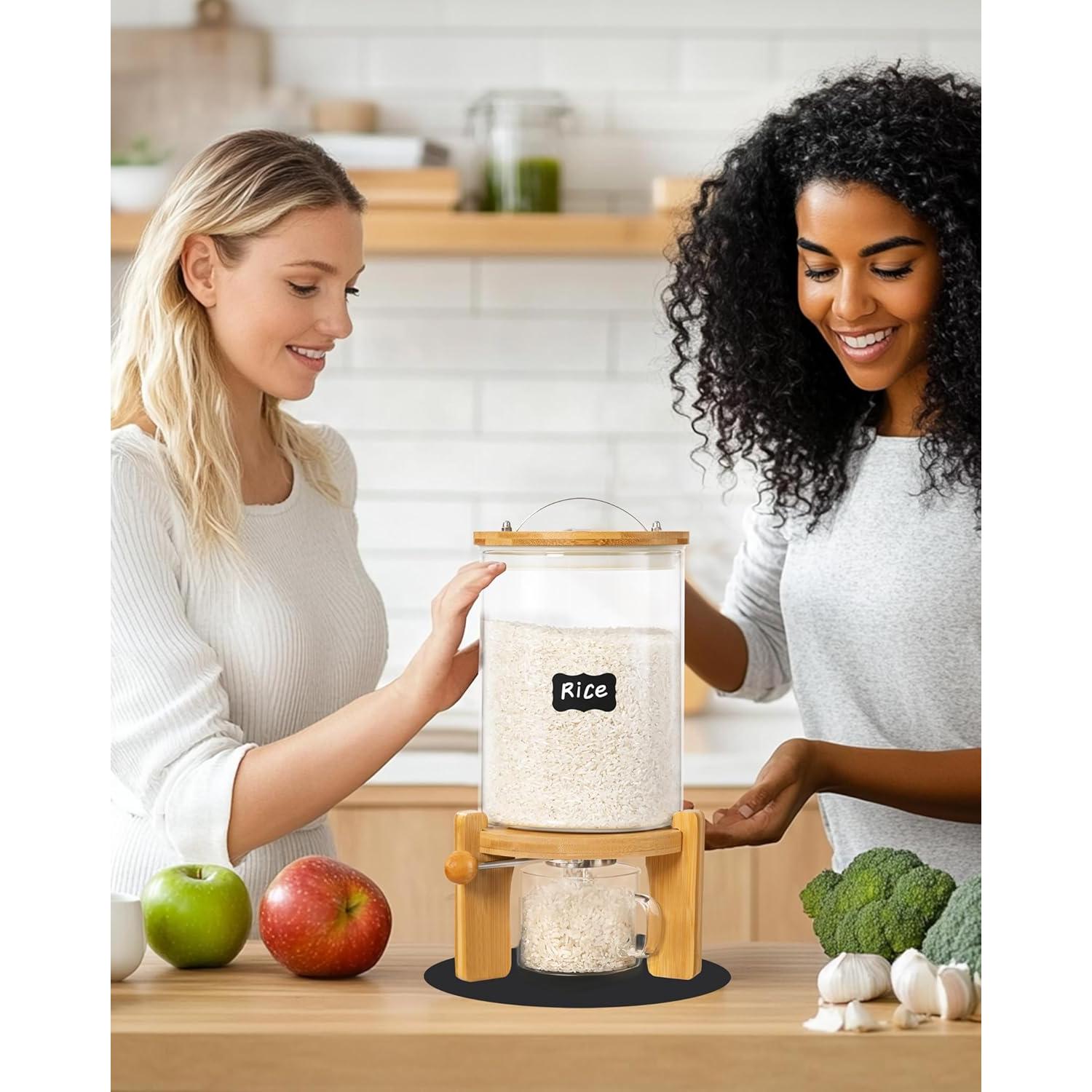 Dispensador de arroz Famyards vidrio 3L con soporte madera