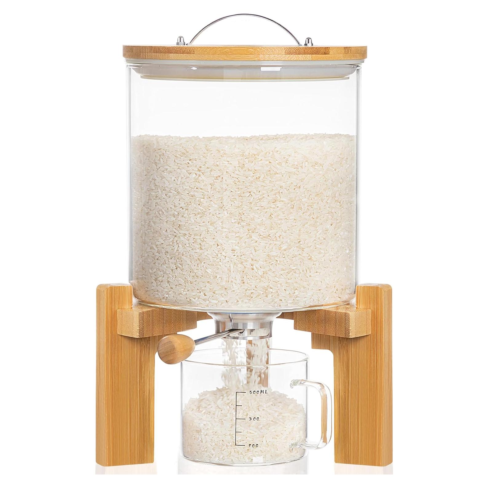 Dispensador de arroz HBlife 5L vidrio y soporte de madera