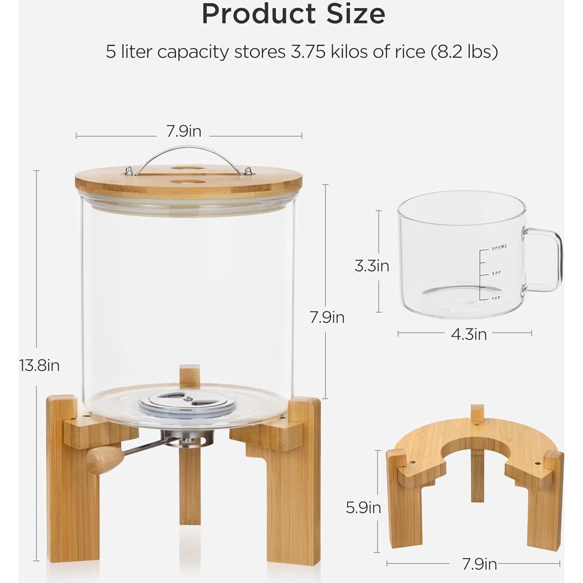 Dispensador de arroz HBlife 5L vidrio y soporte de madera