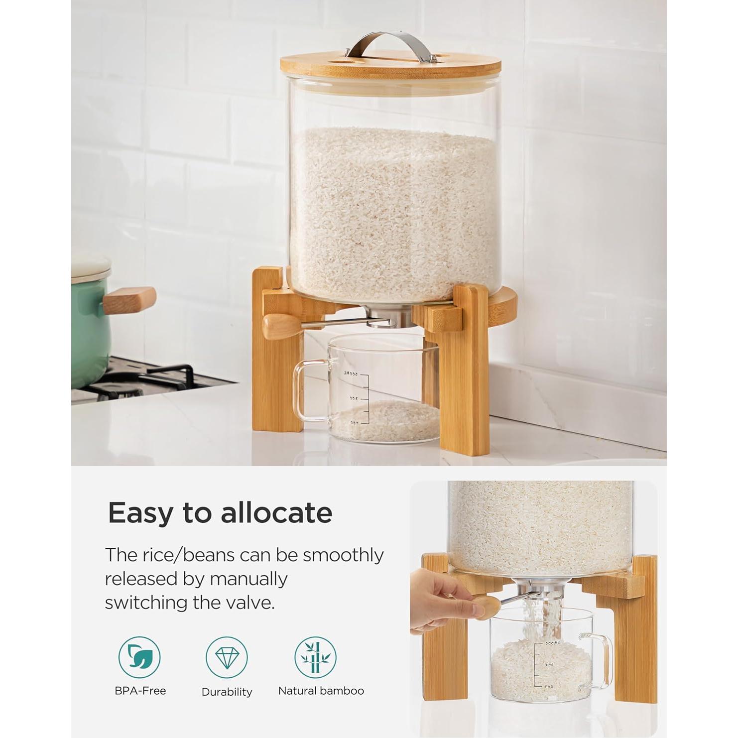 Dispensador de arroz HBlife 5L vidrio y soporte de madera
