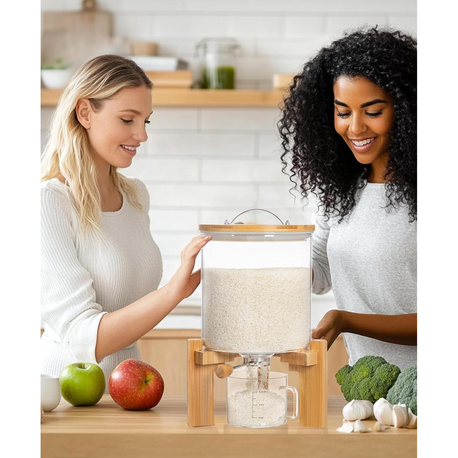 Dispensador de arroz HBlife 5L vidrio y soporte de madera