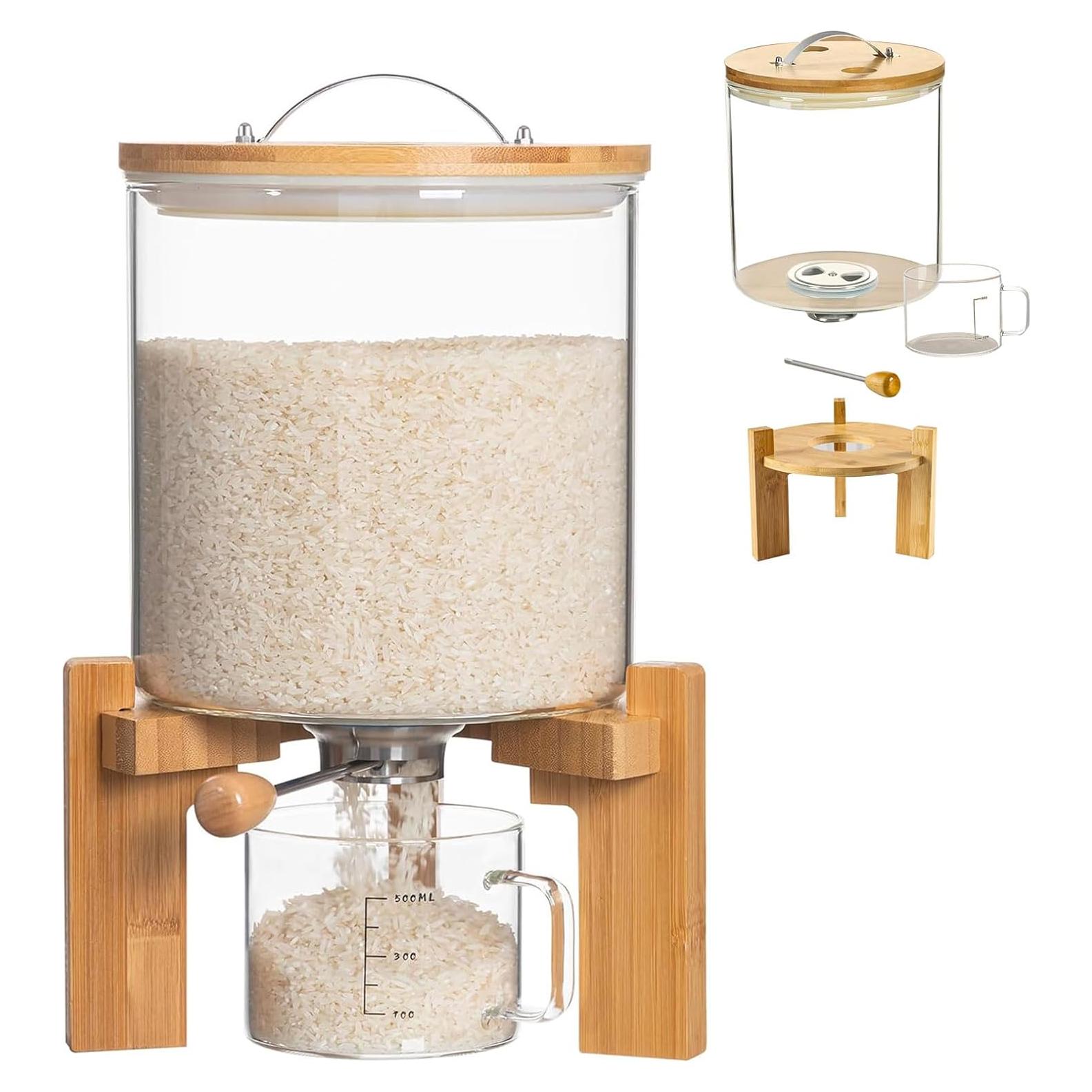 Dispensador de Arroz de Vidrio 5L con Soporte de Bambú