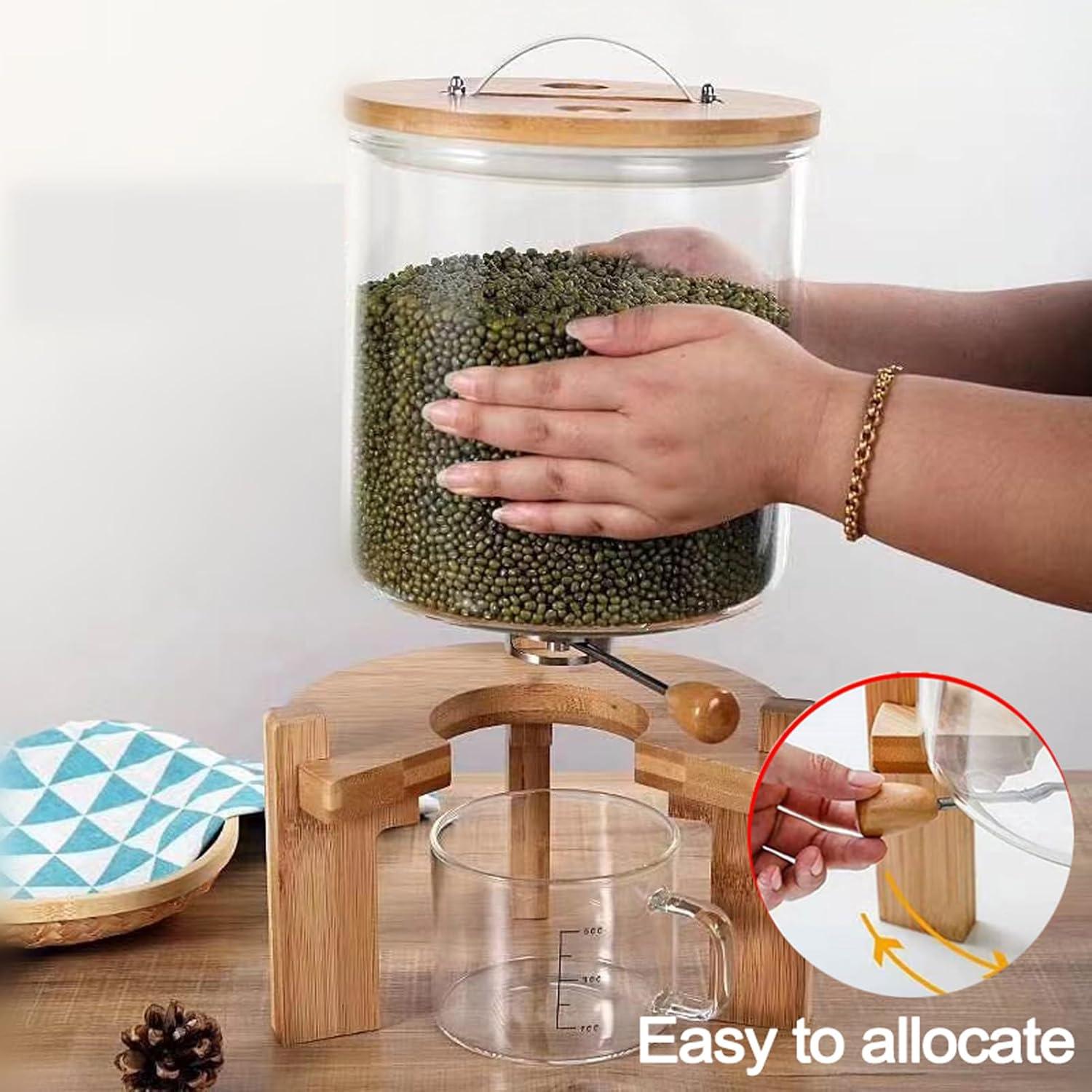 Dispensador de Arroz de Vidrio 5L con Soporte de Bambú