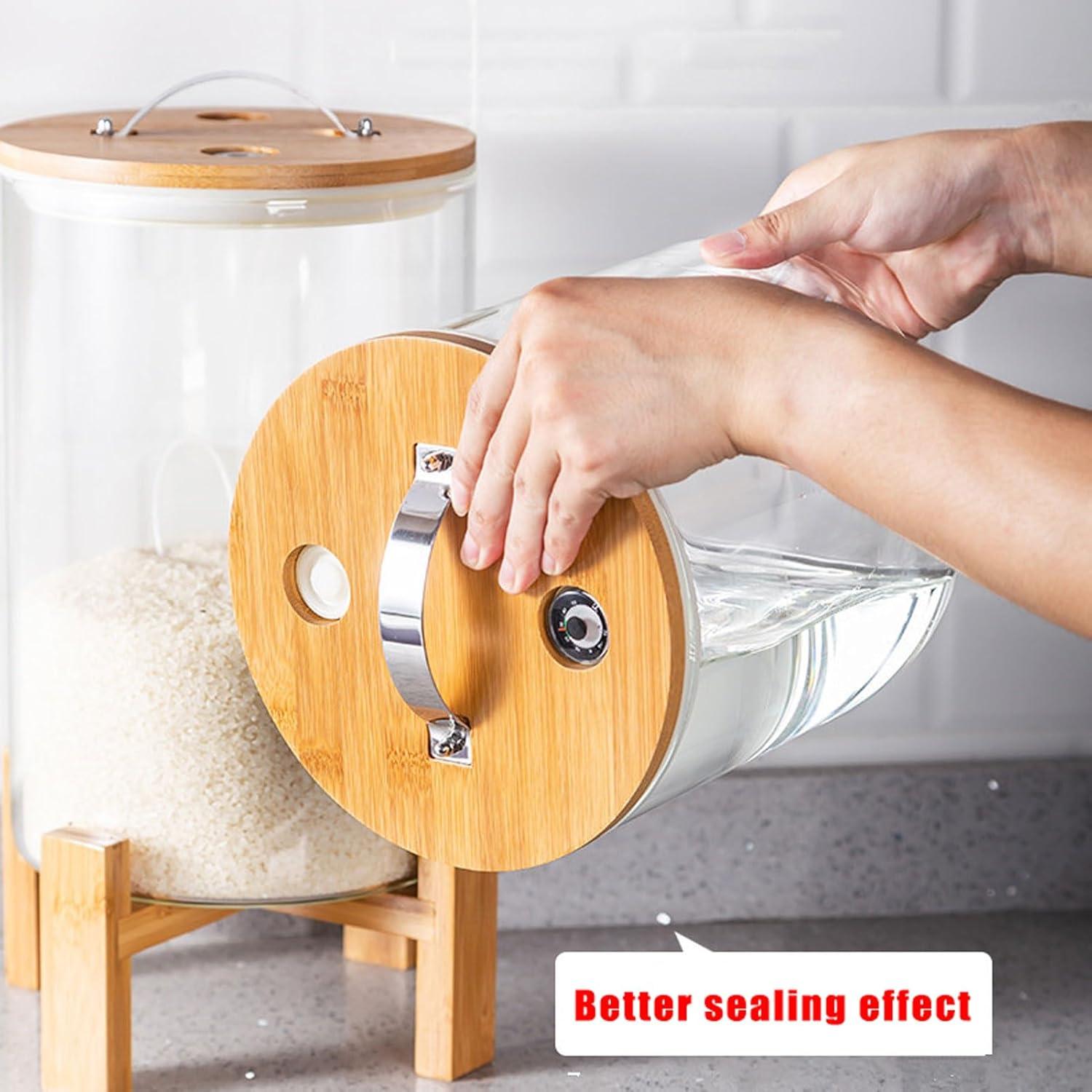 Dispensador de Arroz de Vidrio 5L con Soporte de Bambú