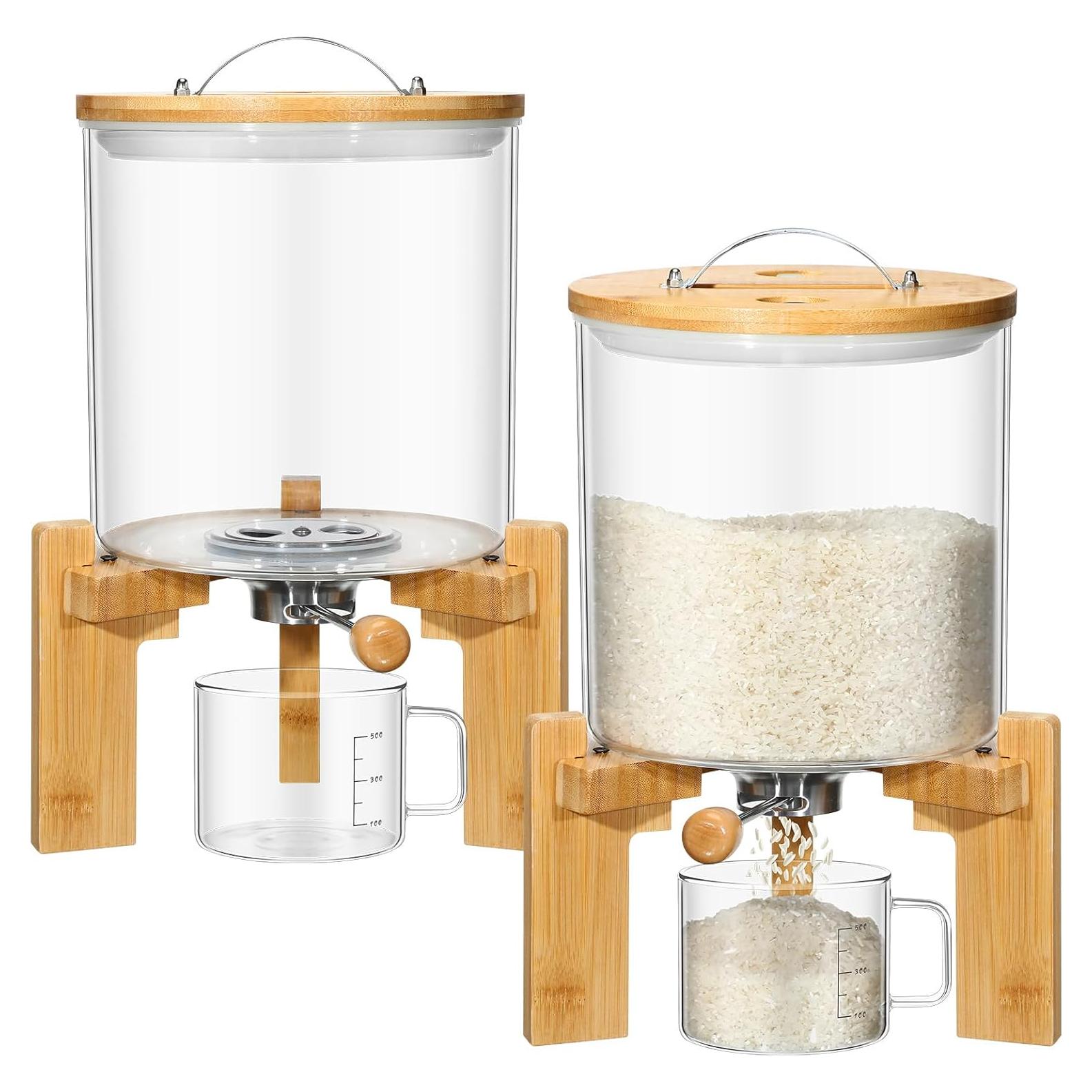 Zhehao 2 Pcs Glass Rice Dispenser 5l Flour Cereal Rice Storage Container Creative Cereal Holder with Wooden Stand Airtight Lid and Measuring Cup for Pantry Sugar Coffee Beans Kitchen Food Organization