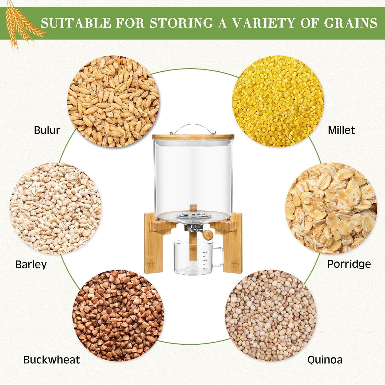 Zhehao 2 Pcs Glass Rice Dispenser 5l Flour Cereal Rice Storage Container Creative Cereal Holder with Wooden Stand Airtight Lid and Measuring Cup for Pantry Sugar Coffee Beans Kitchen Food Organization