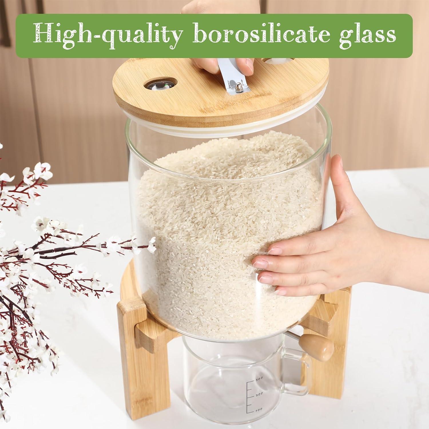 Zhehao 2 Pcs Glass Rice Dispenser 5l Flour Cereal Rice Storage Container Creative Cereal Holder with Wooden Stand Airtight Lid and Measuring Cup for Pantry Sugar Coffee Beans Kitchen Food Organization