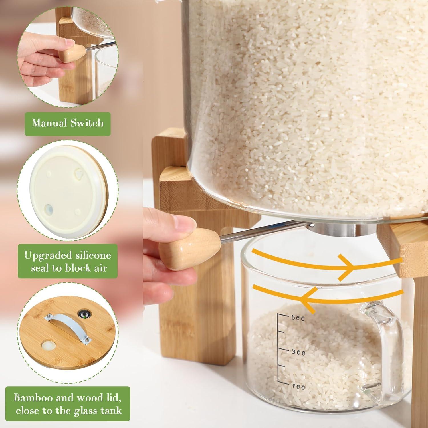 Zhehao 2 Pcs Glass Rice Dispenser 5l Flour Cereal Rice Storage Container Creative Cereal Holder with Wooden Stand Airtight Lid and Measuring Cup for Pantry Sugar Coffee Beans Kitchen Food Organization