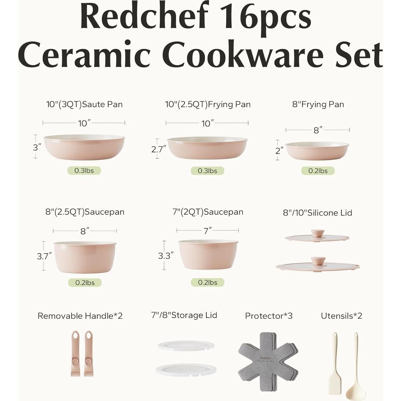 Juego de Sartenes y Ollas Redchef 16 Piezas Cerámica Rosa