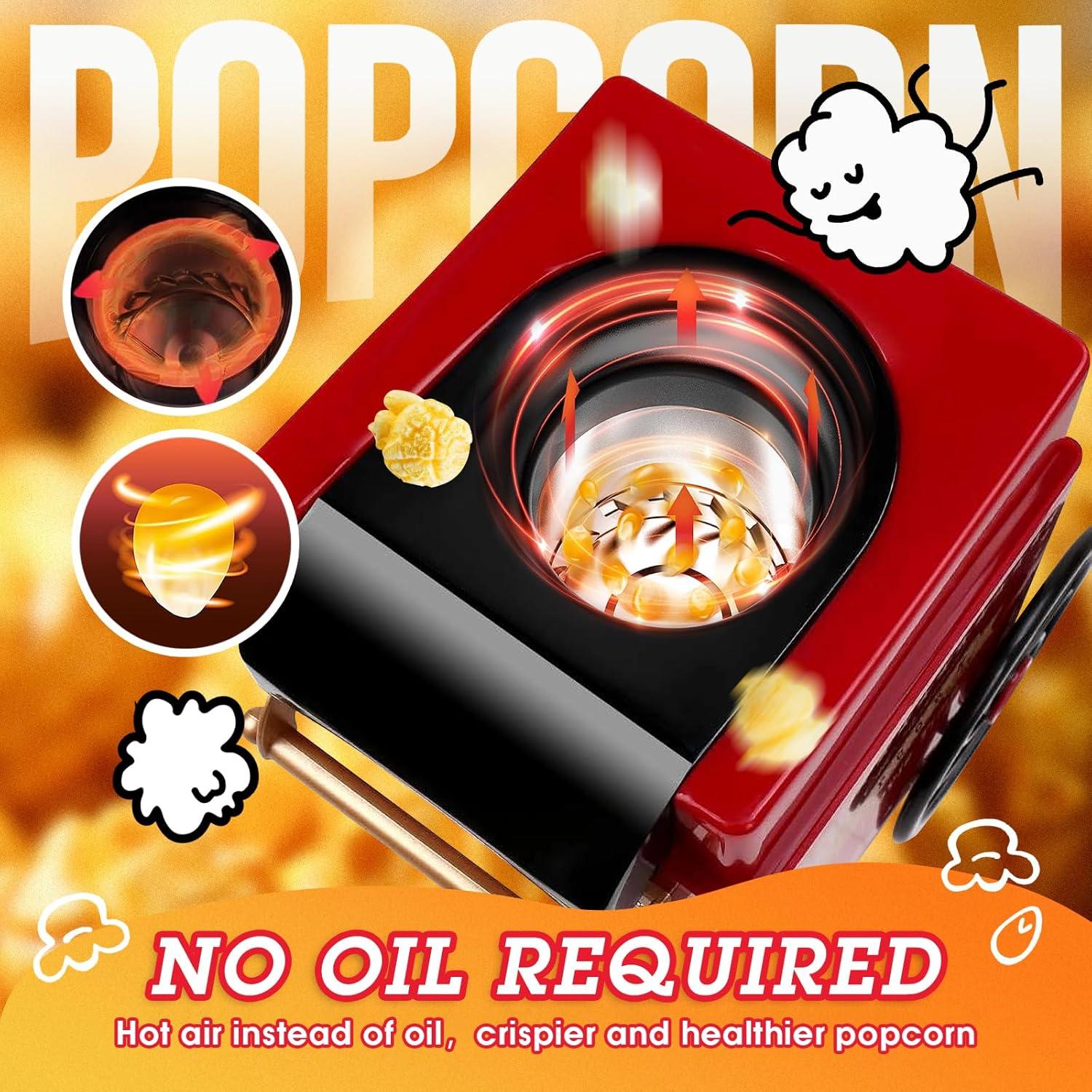 Popcorn Machine, Hot Air Popcorn Maker Kit Gift Box, Portable Home Popcorn Popper Machine, 10-Cup,Oil-Free,Retro Style,Compact and Cute