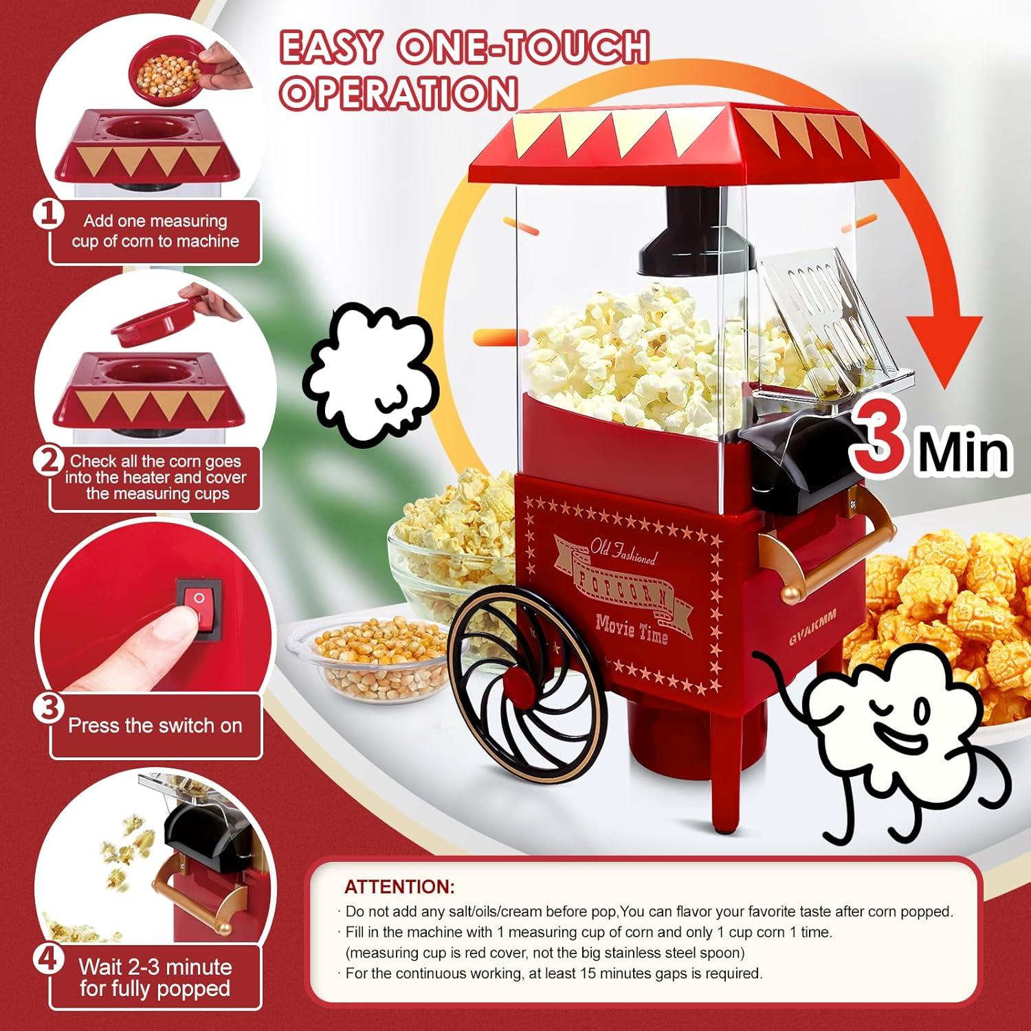 Popcorn Machine, Hot Air Popcorn Maker Kit Gift Box, Portable Home Popcorn Popper Machine, 10-Cup,Oil-Free,Retro Style,Compact and Cute
