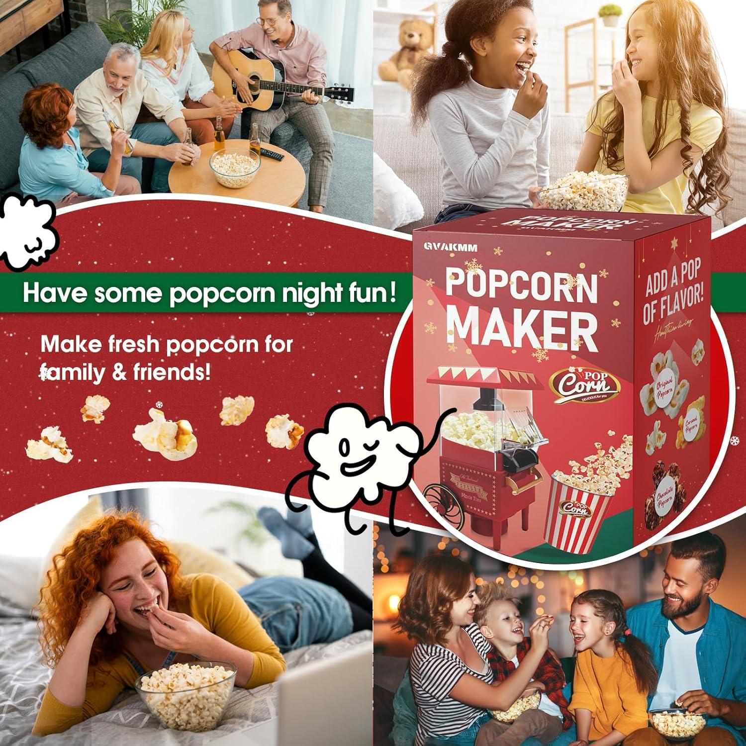 Popcorn Machine, Hot Air Popcorn Maker Kit Gift Box, Portable Home Popcorn Popper Machine, 10-Cup,Oil-Free,Retro Style,Compact and Cute
