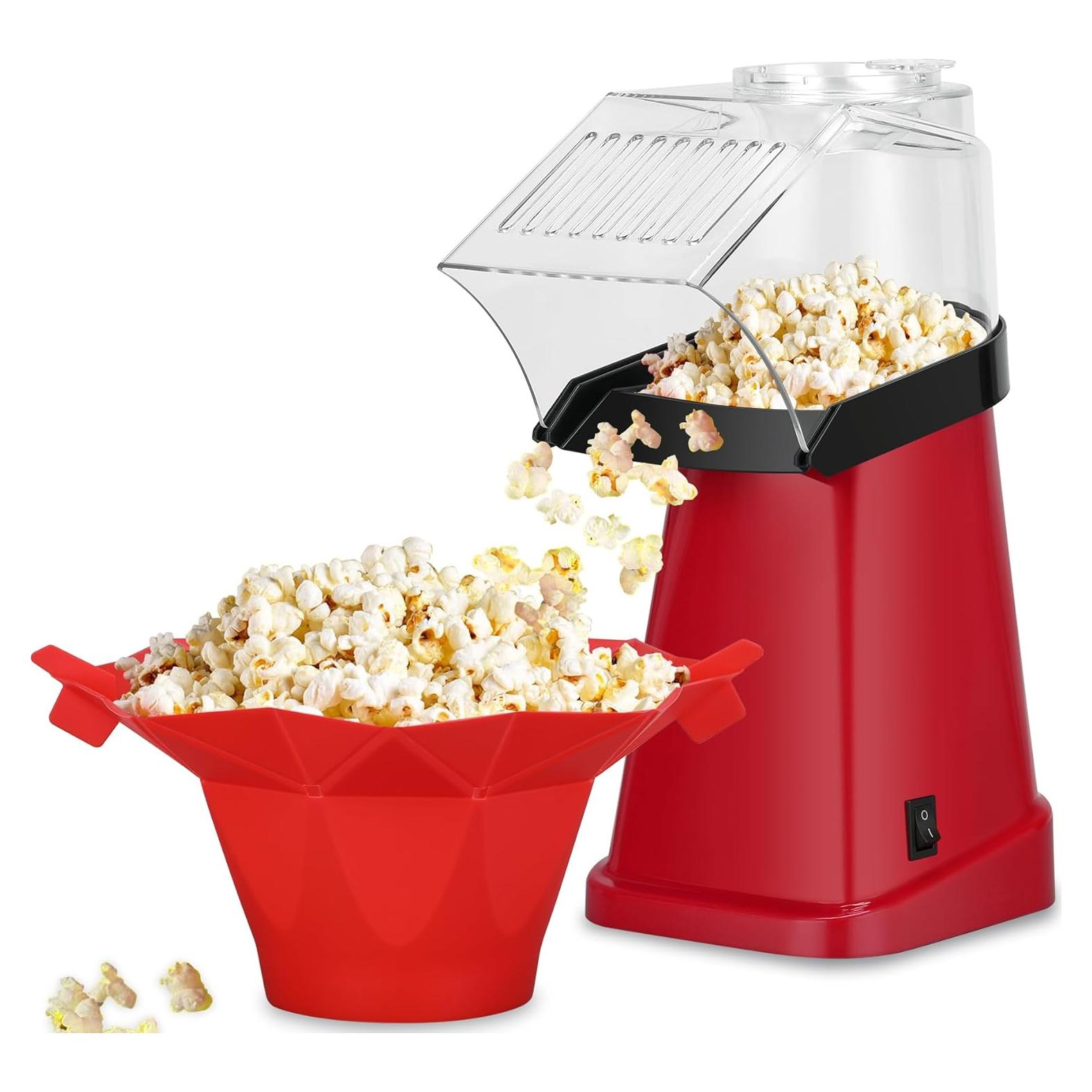 Hot Air Popcorn Popper Maker with Popcorn Bowl, Fast Popcorn Machine in Minutes with Measuring Cup and Butter Melting Tray for Party Kids,16 Cups, Red
