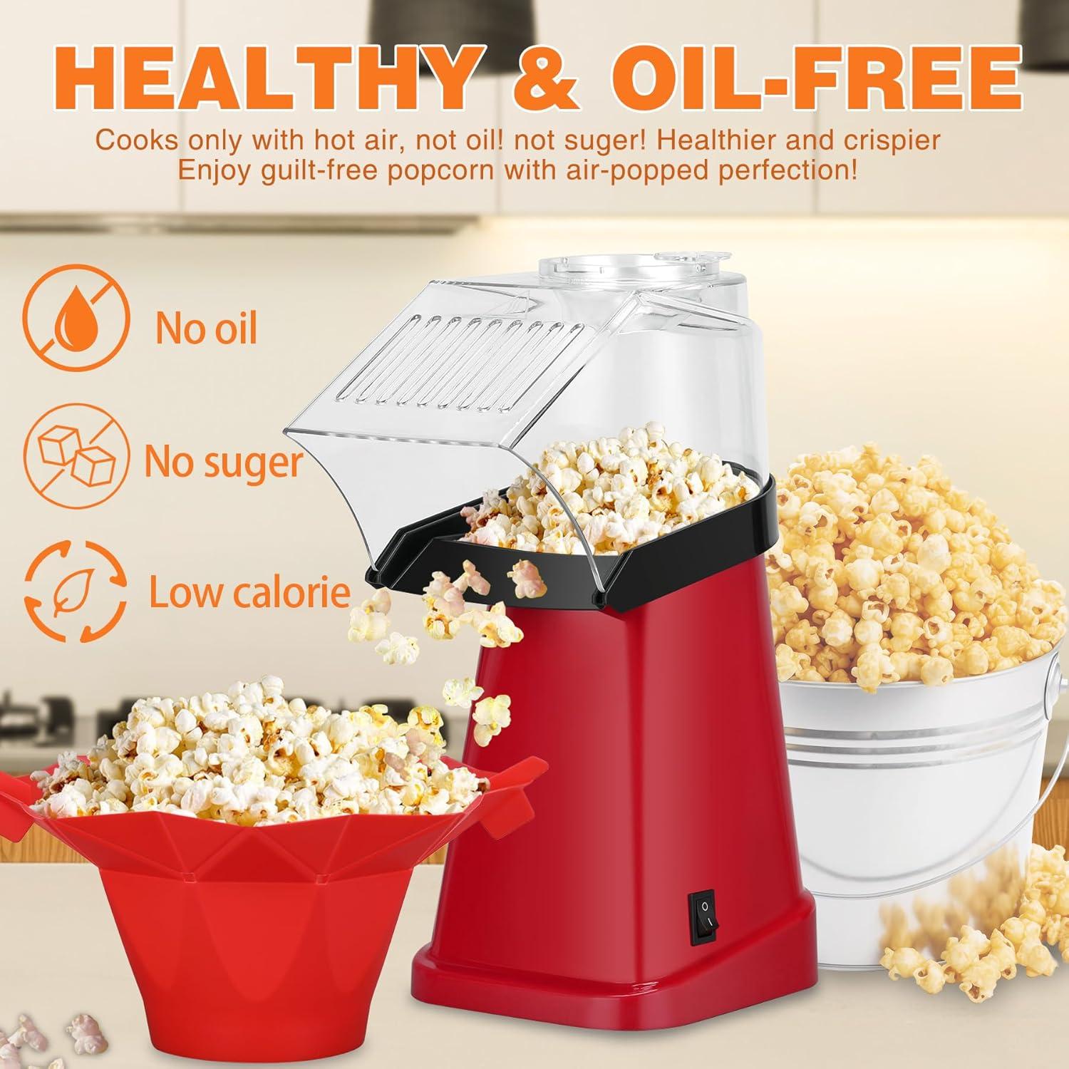 Hot Air Popcorn Popper Maker with Popcorn Bowl, Fast Popcorn Machine in Minutes with Measuring Cup and Butter Melting Tray for Party Kids,16 Cups, Red