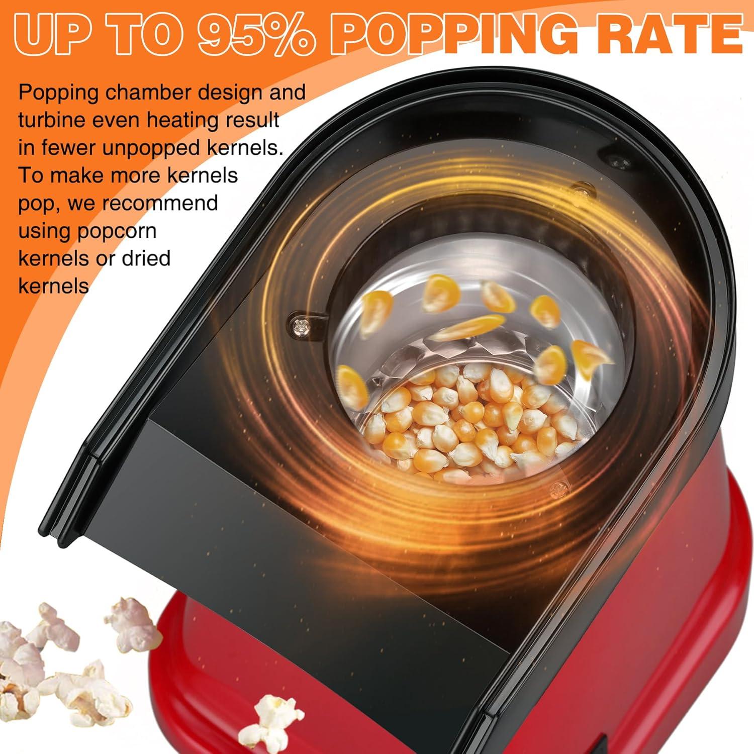 Hot Air Popcorn Popper Maker with Popcorn Bowl, Fast Popcorn Machine in Minutes with Measuring Cup and Butter Melting Tray for Party Kids,16 Cups, Red