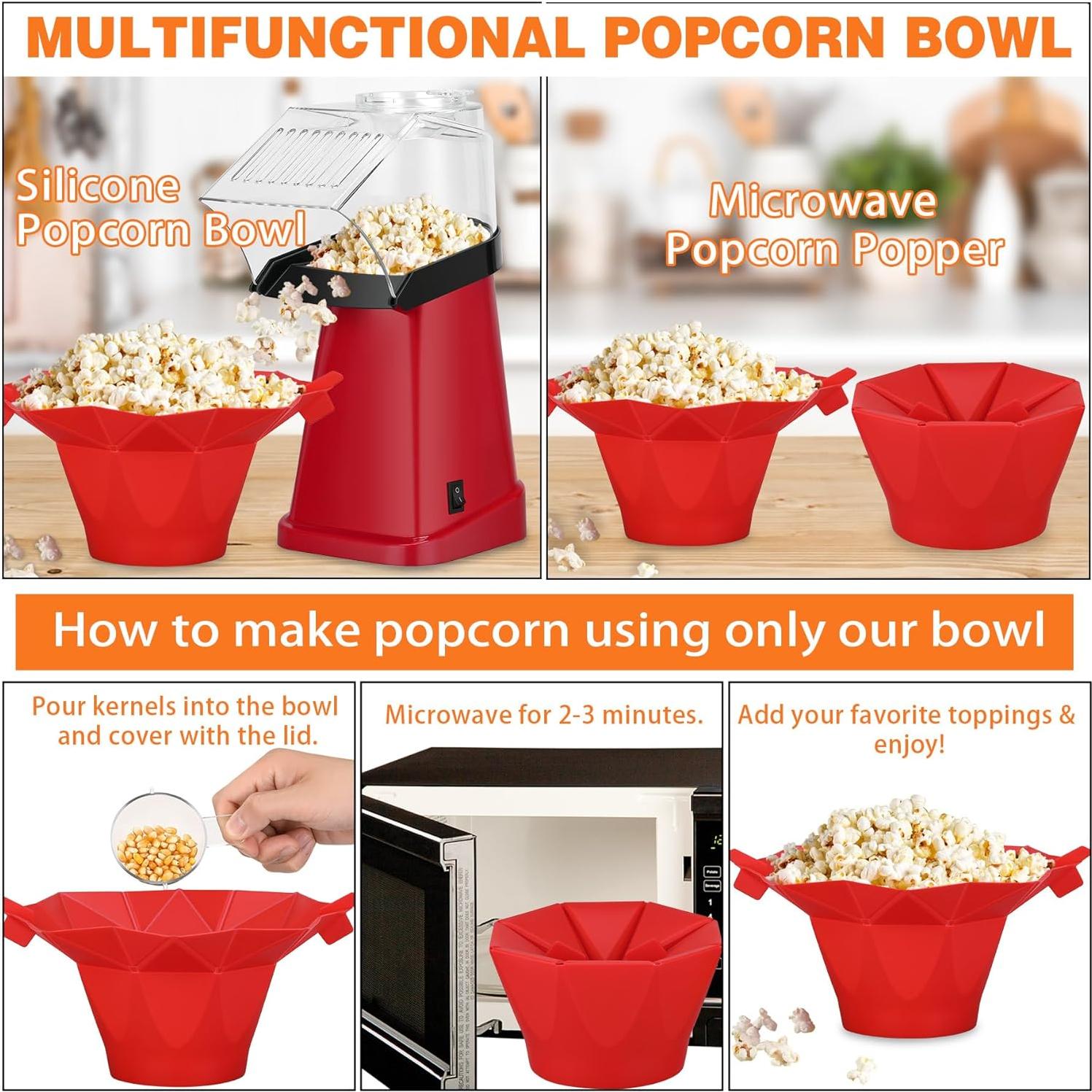 Hot Air Popcorn Popper Maker with Popcorn Bowl, Fast Popcorn Machine in Minutes with Measuring Cup and Butter Melting Tray for Party Kids,16 Cups, Red