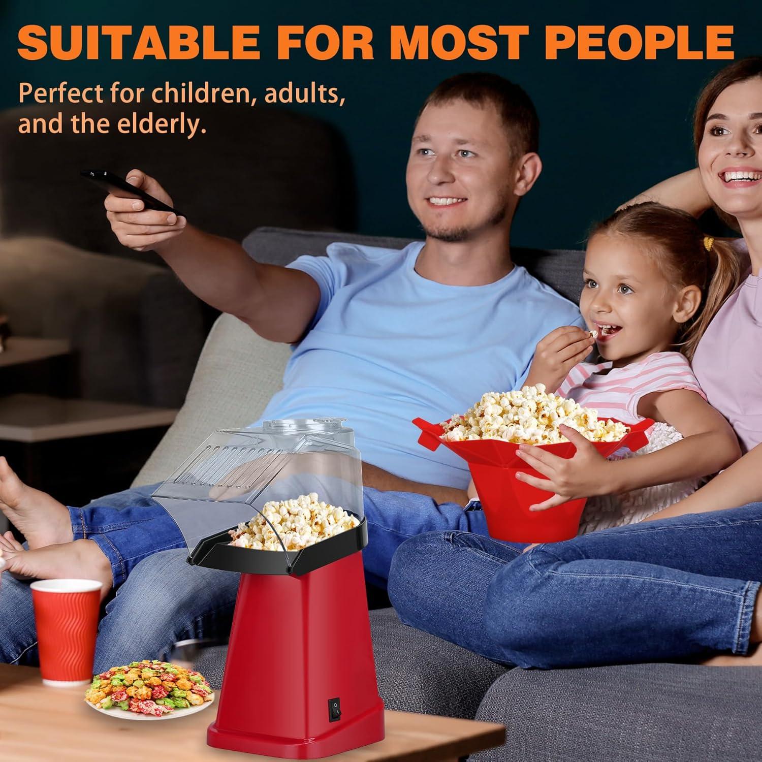 Hot Air Popcorn Popper Maker with Popcorn Bowl, Fast Popcorn Machine in Minutes with Measuring Cup and Butter Melting Tray for Party Kids,16 Cups, Red