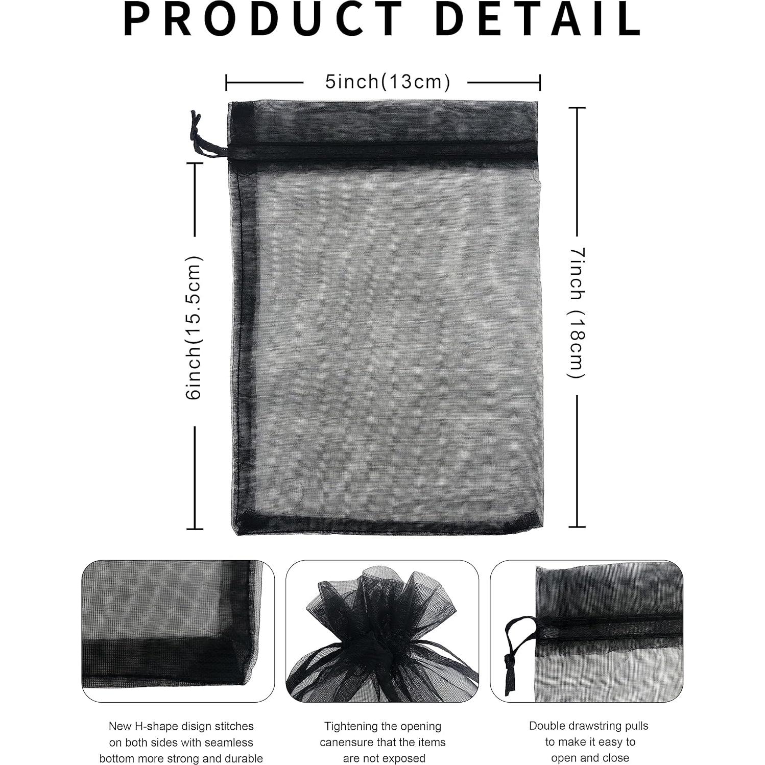 100 Bolsas de Organza Negras 13x18 cm con Cierre de Cuerda