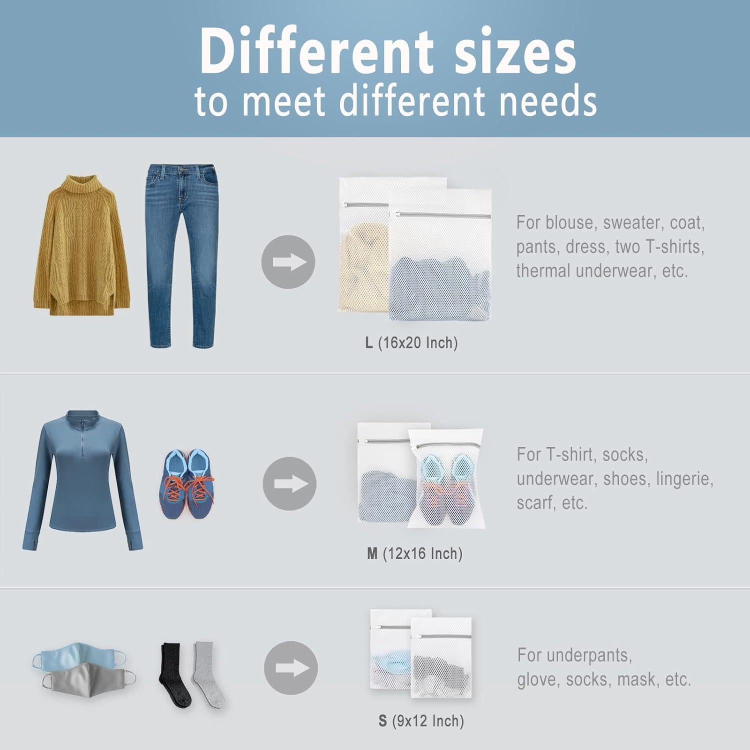 3 Bolsas de Lavandería Malla Panal Muchfun 40x50cm 30x40cm 23x30cm