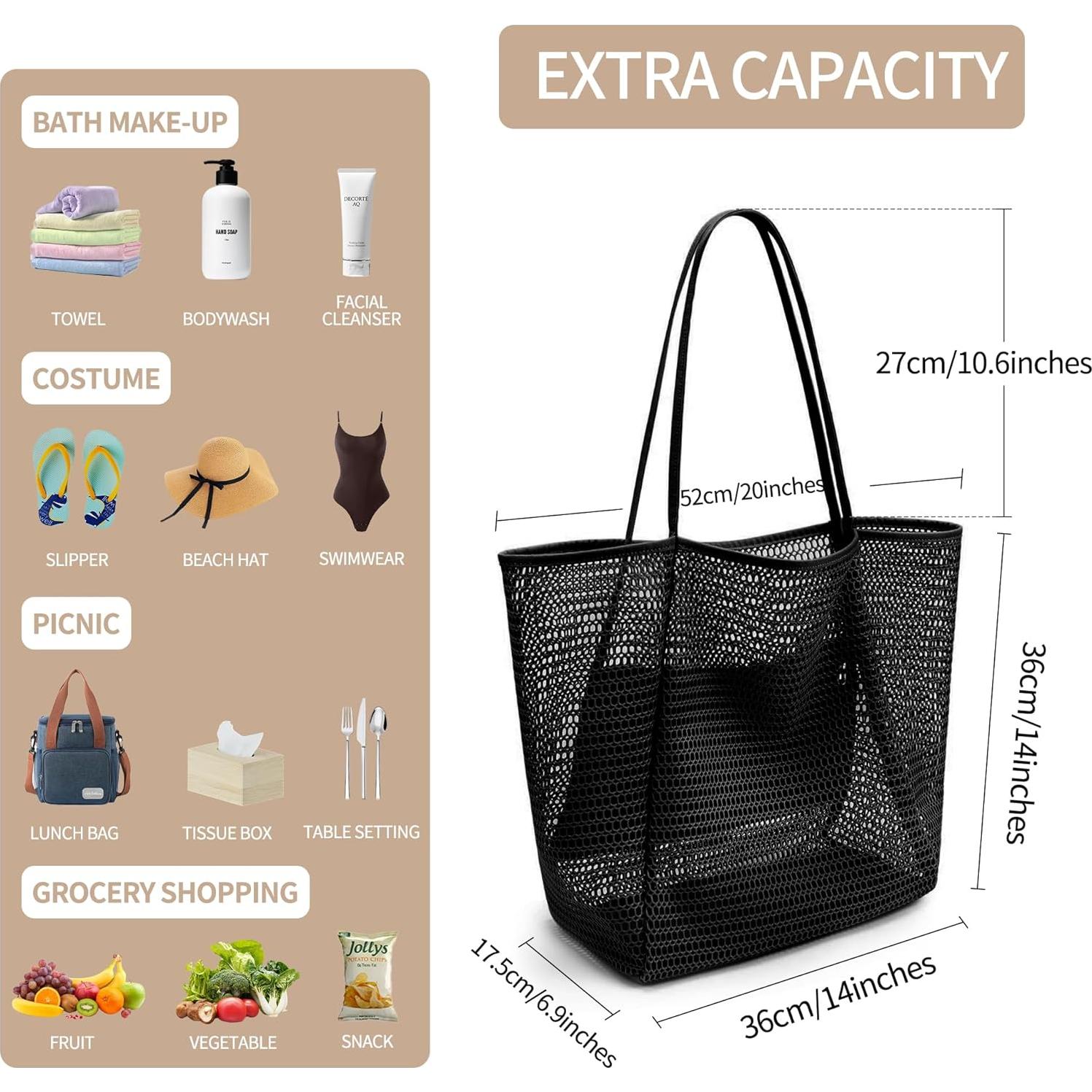 Bolsa de Playa de Malla VOROLO Negra 50.8x35.6cm Verano