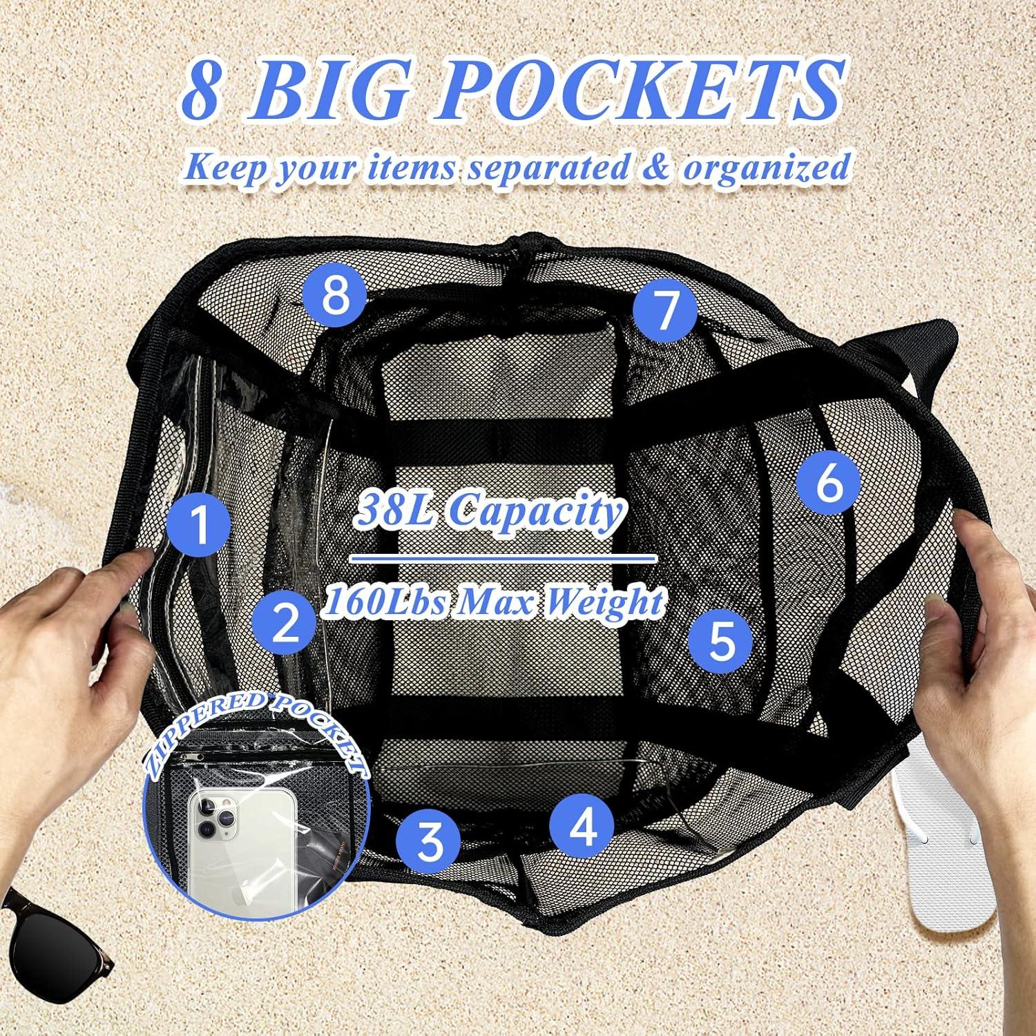 Bolsa de Playa Grande Malla Negra Plegable 9 Bolsillos