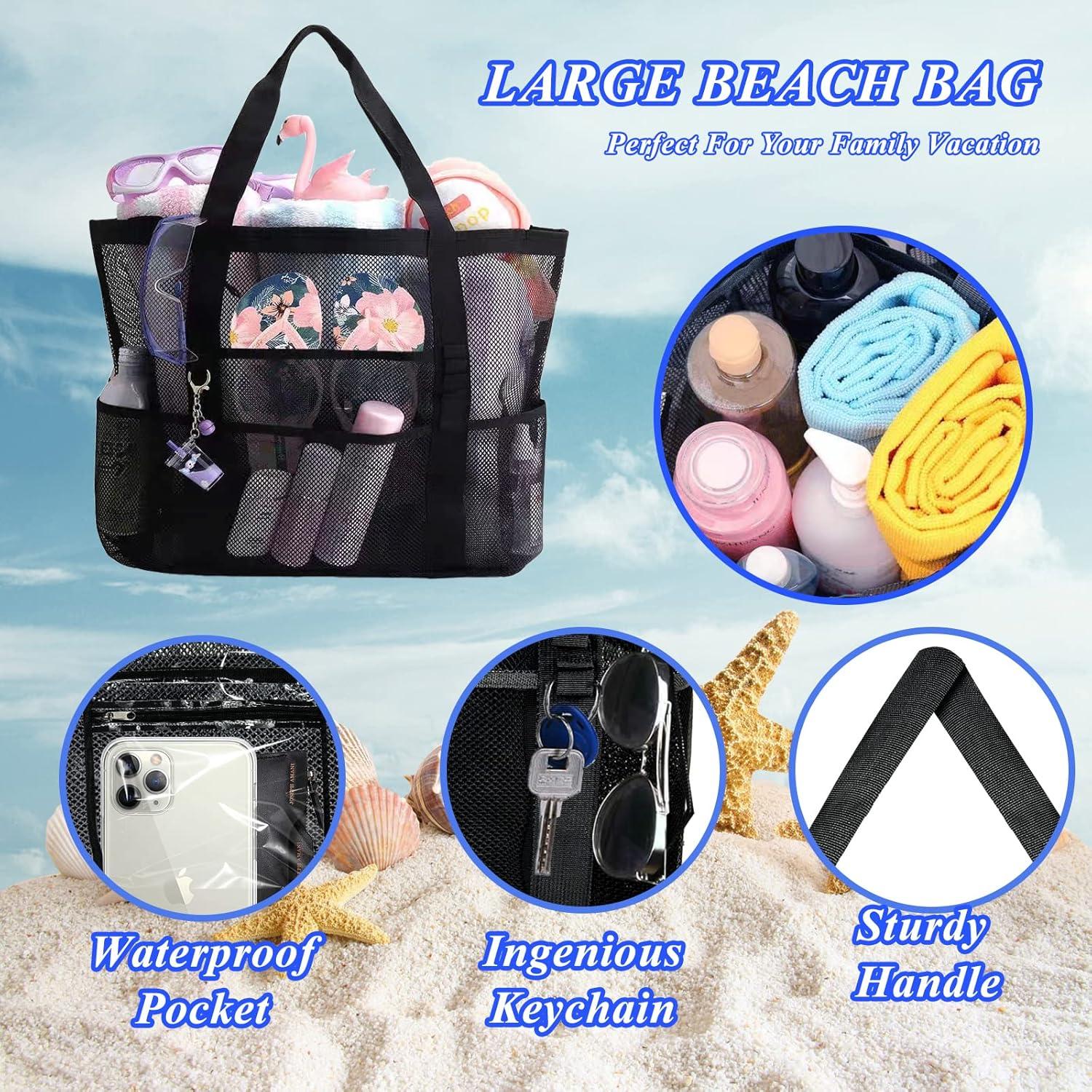 Bolsa de Playa Grande Malla Negra Plegable 9 Bolsillos