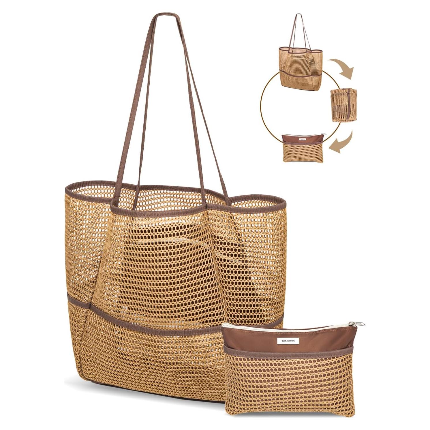 Bolsa de Playa Plegable Malla Caqui 2 en 1 para Mujeres