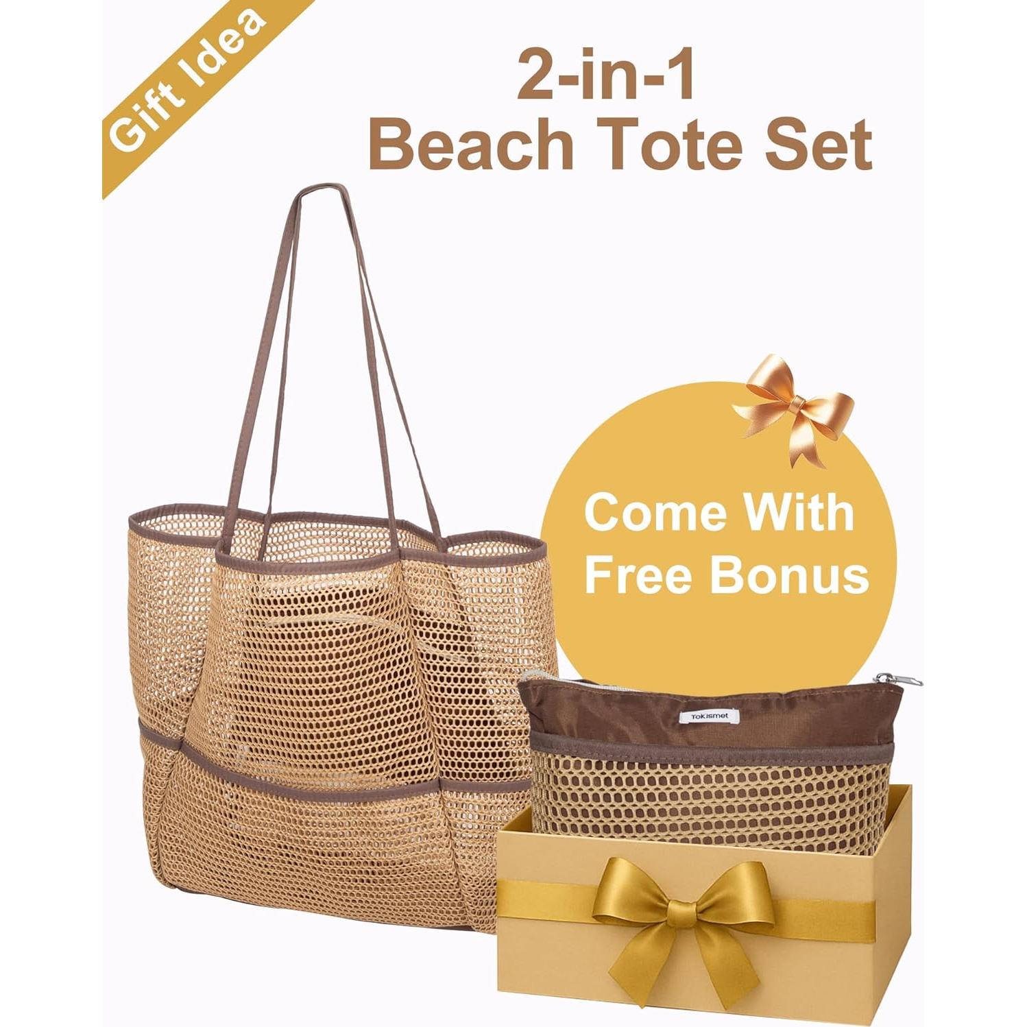 Bolsa de Playa Plegable Malla Caqui 2 en 1 para Mujeres