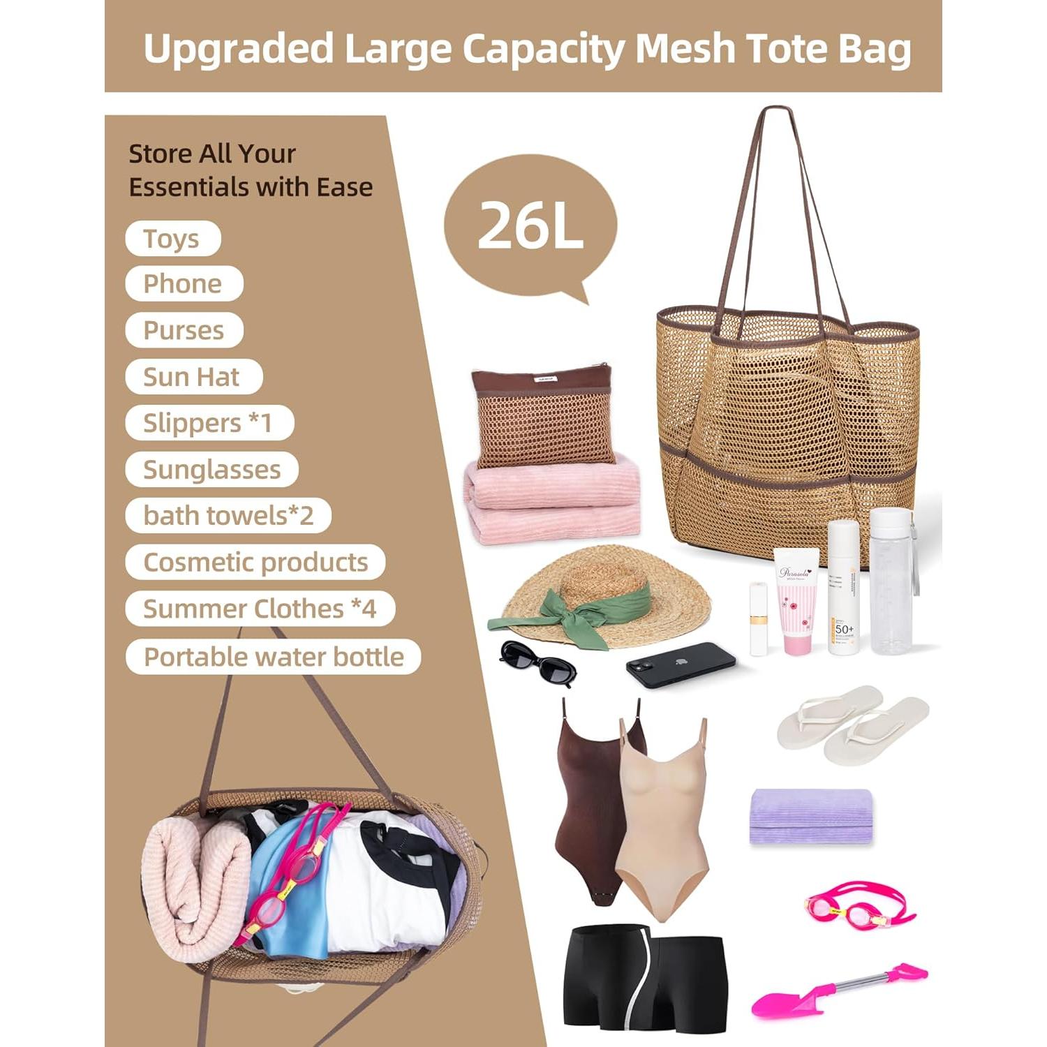 Bolsa de Playa Plegable Malla Caqui 2 en 1 para Mujeres