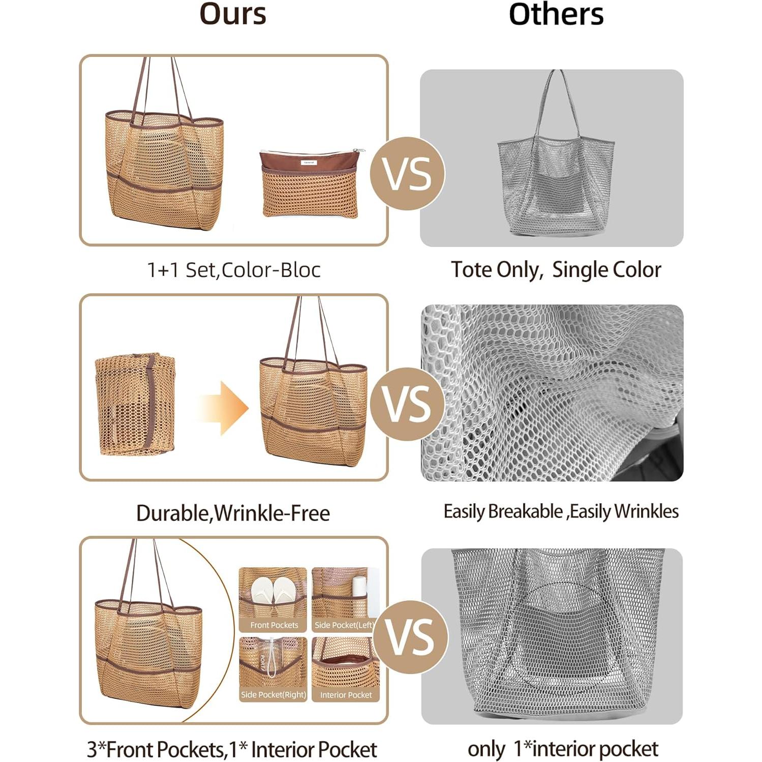 Bolsa de Playa Plegable Malla Caqui 2 en 1 para Mujeres