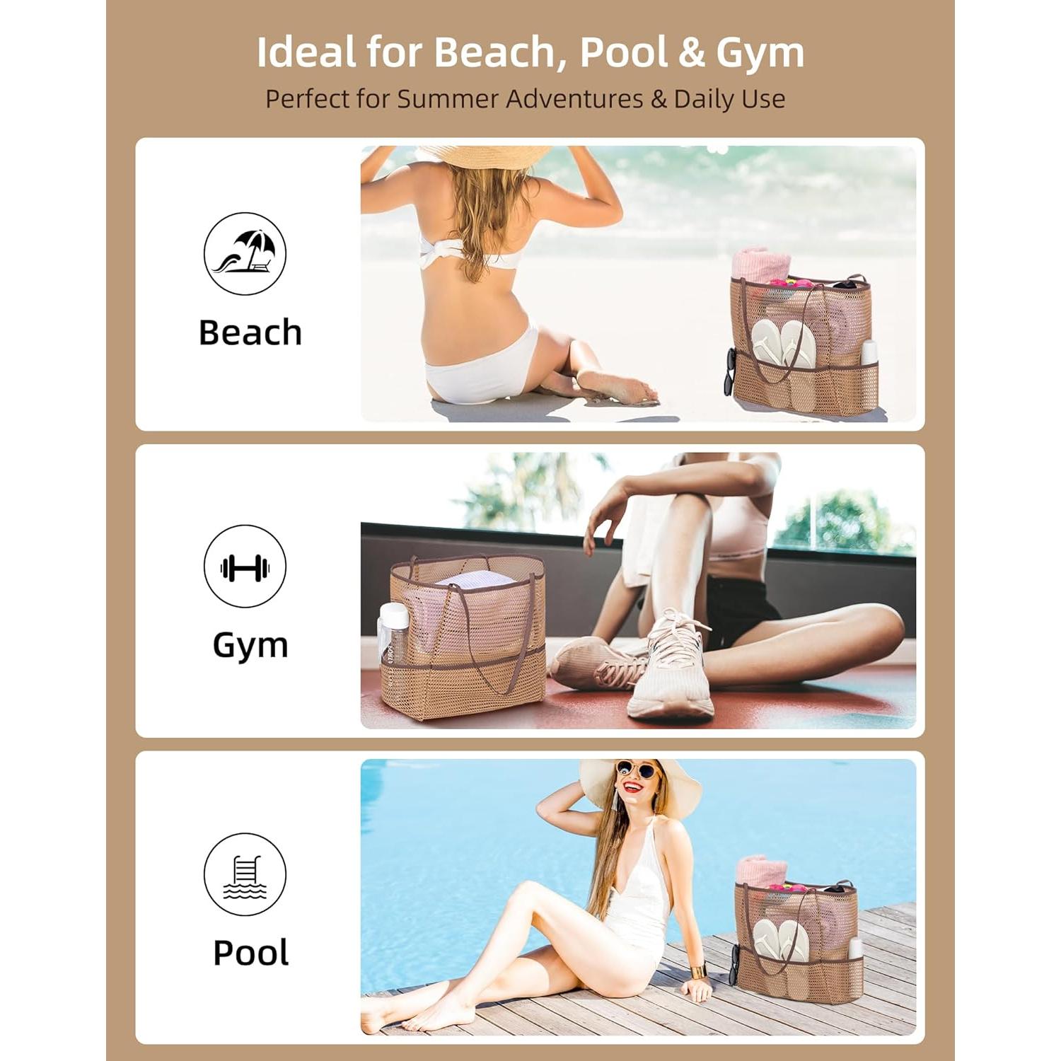 Bolsa de Playa Plegable Malla Caqui 2 en 1 para Mujeres