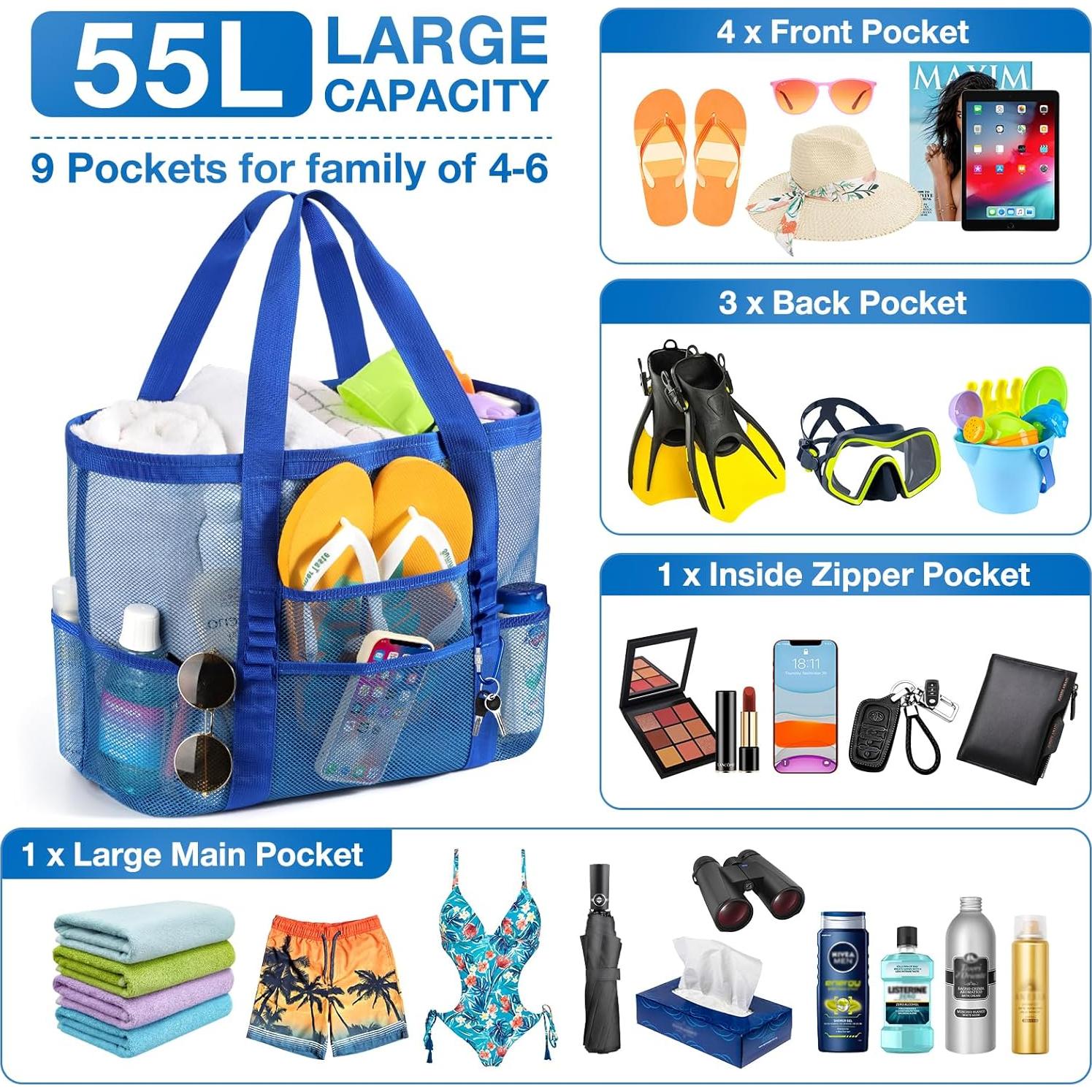 Bolsa de Playa de Malla KPX Azul Marino con 9 Bolsillos