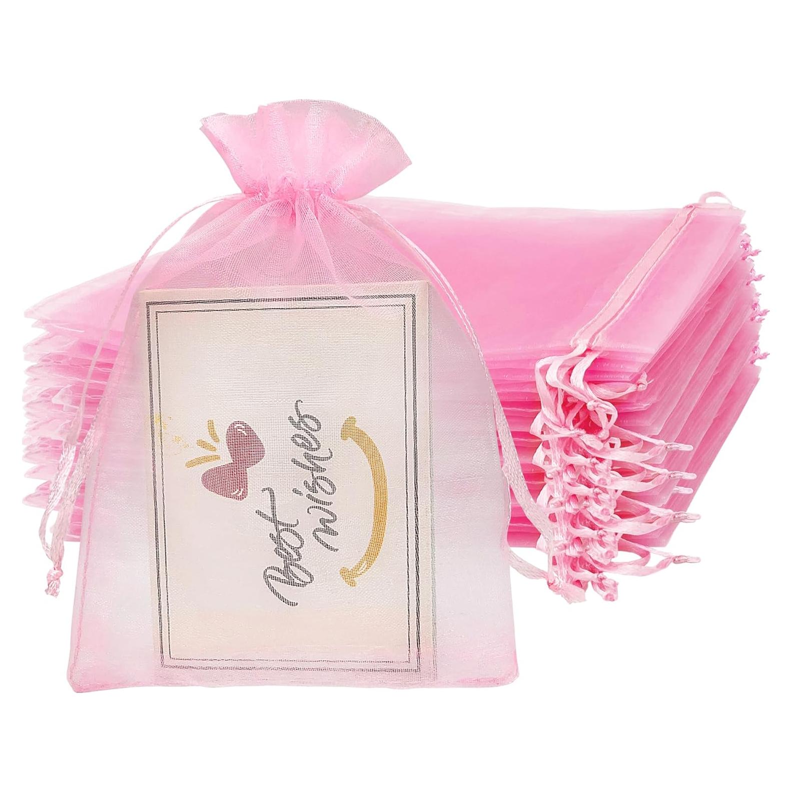 100 Bolsas de Organza Rosa 10x15 cm con Cuerda para Regalos