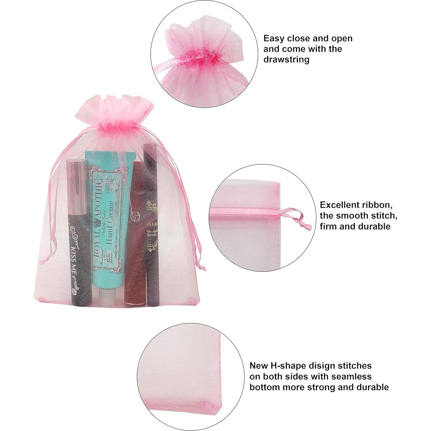 100 Bolsas de Organza Rosa 10x15 cm con Cuerda para Regalos