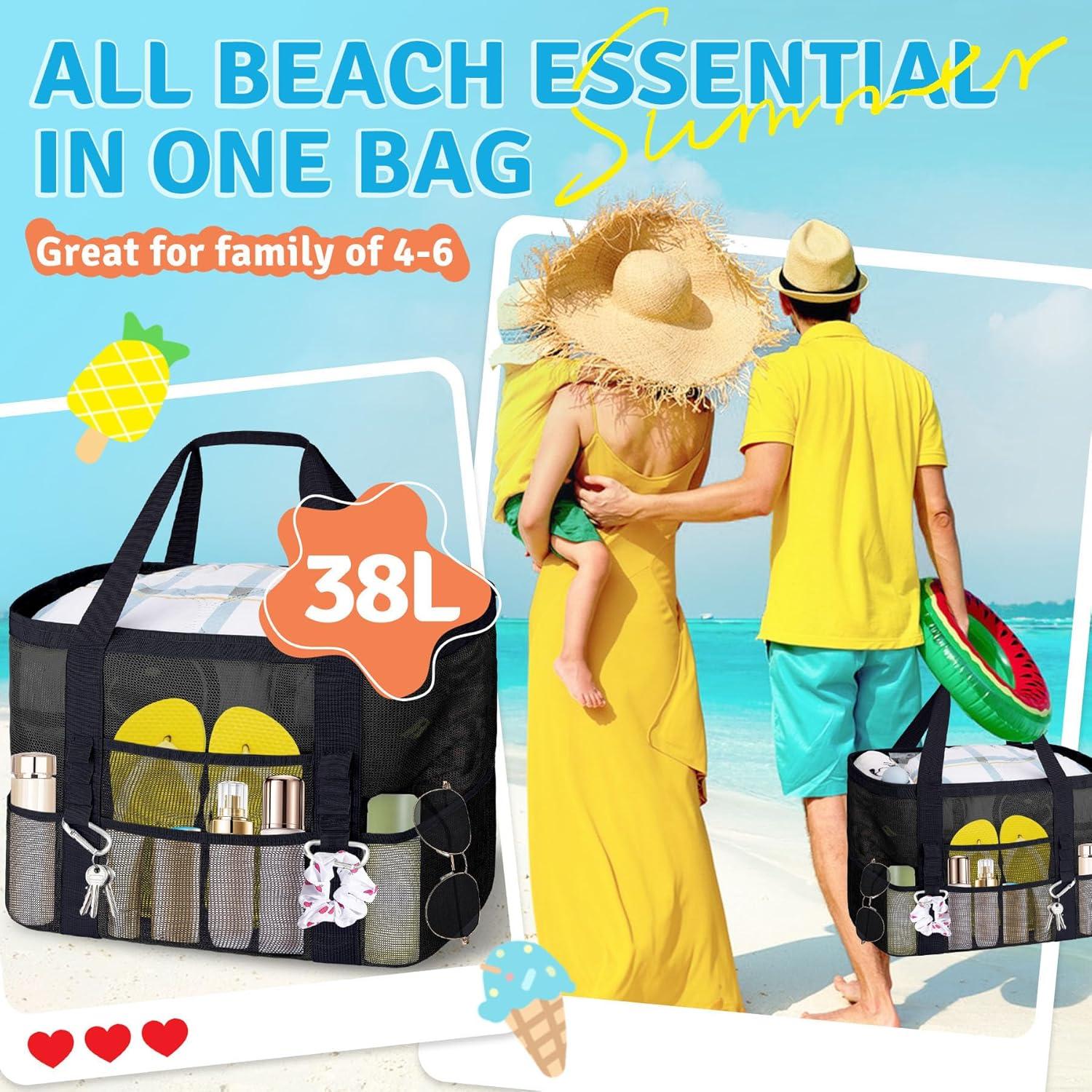 Bolsa de Playa de Malla XXL Negra - 9 Bolsillos Plegable