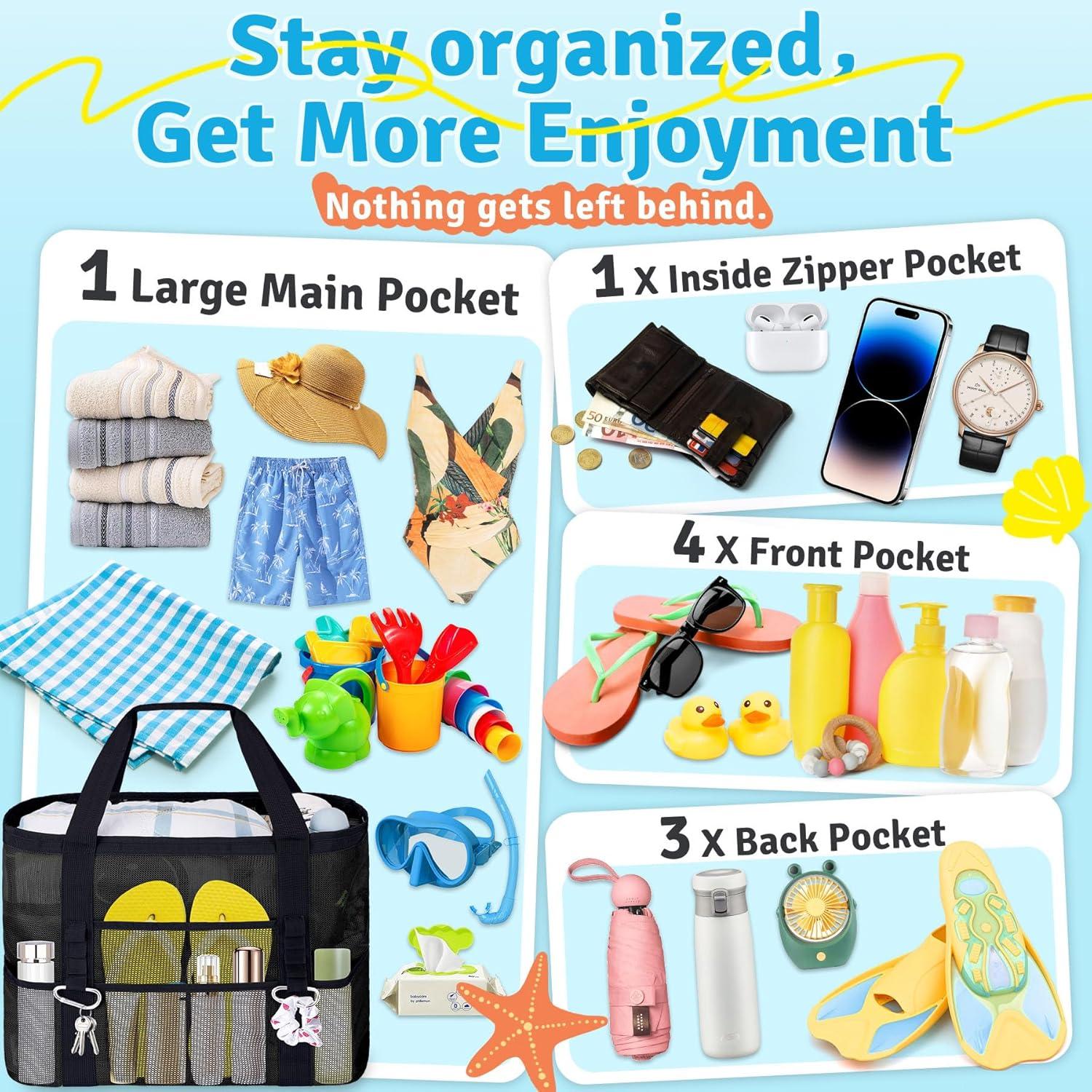 Bolsa de Playa de Malla XXL Negra - 9 Bolsillos Plegable