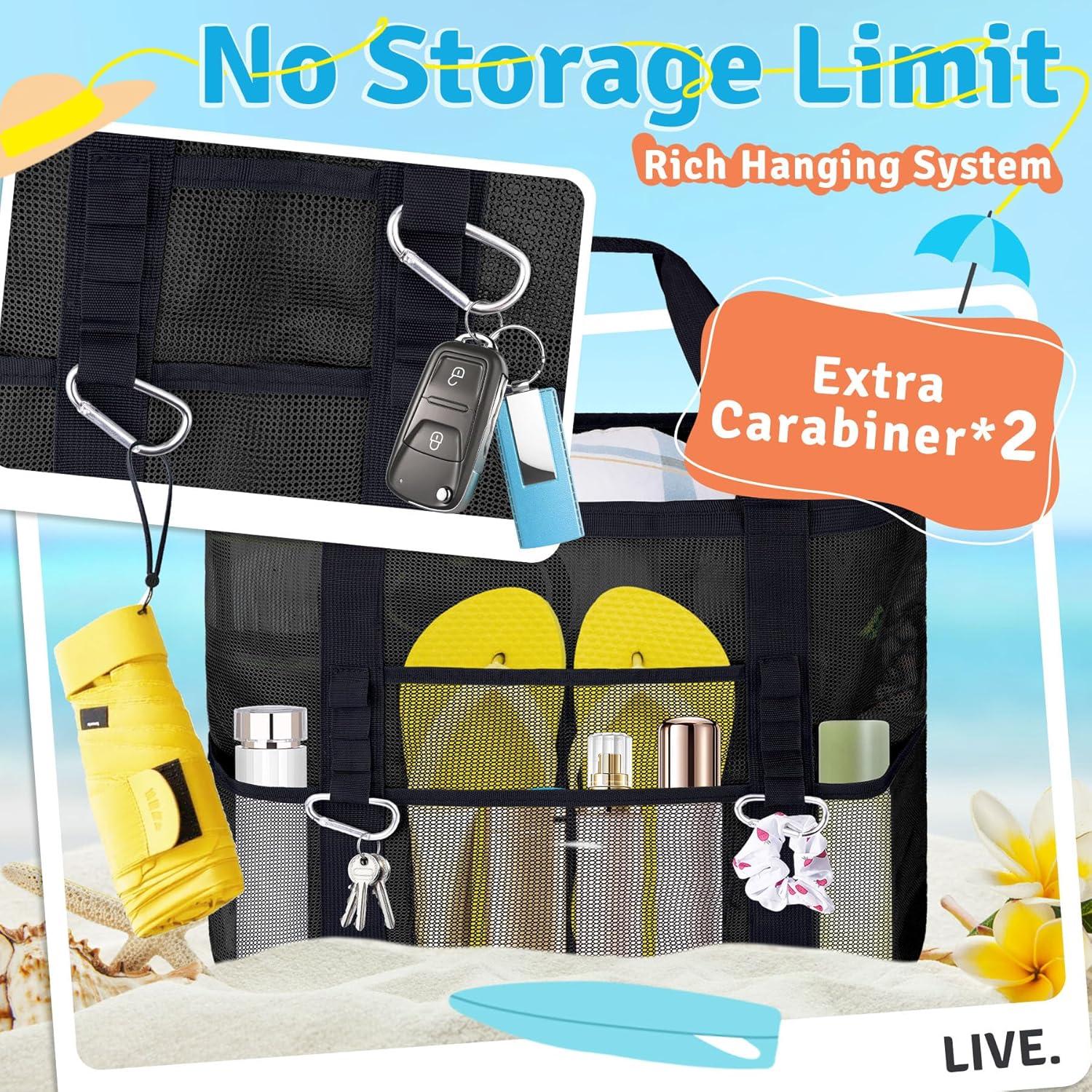 Bolsa de Playa de Malla XXL Negra - 9 Bolsillos Plegable