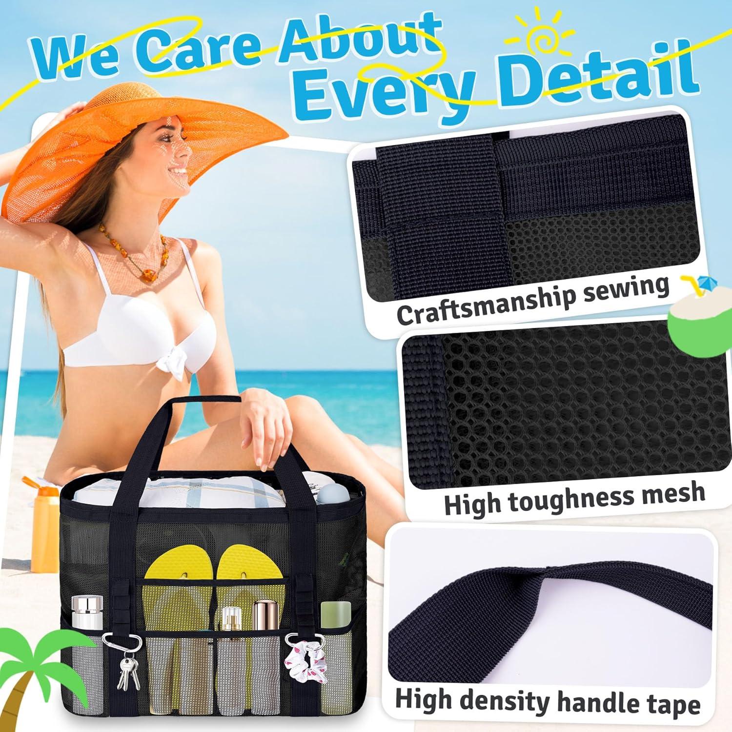 Bolsa de Playa de Malla XXL Negra - 9 Bolsillos Plegable