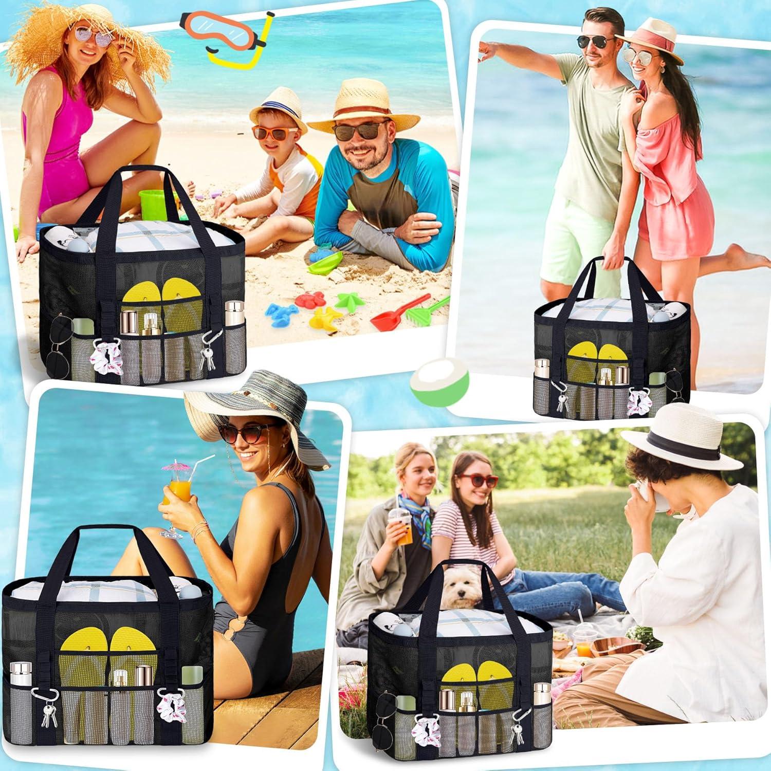 Bolsa de Playa de Malla XXL Negra - 9 Bolsillos Plegable