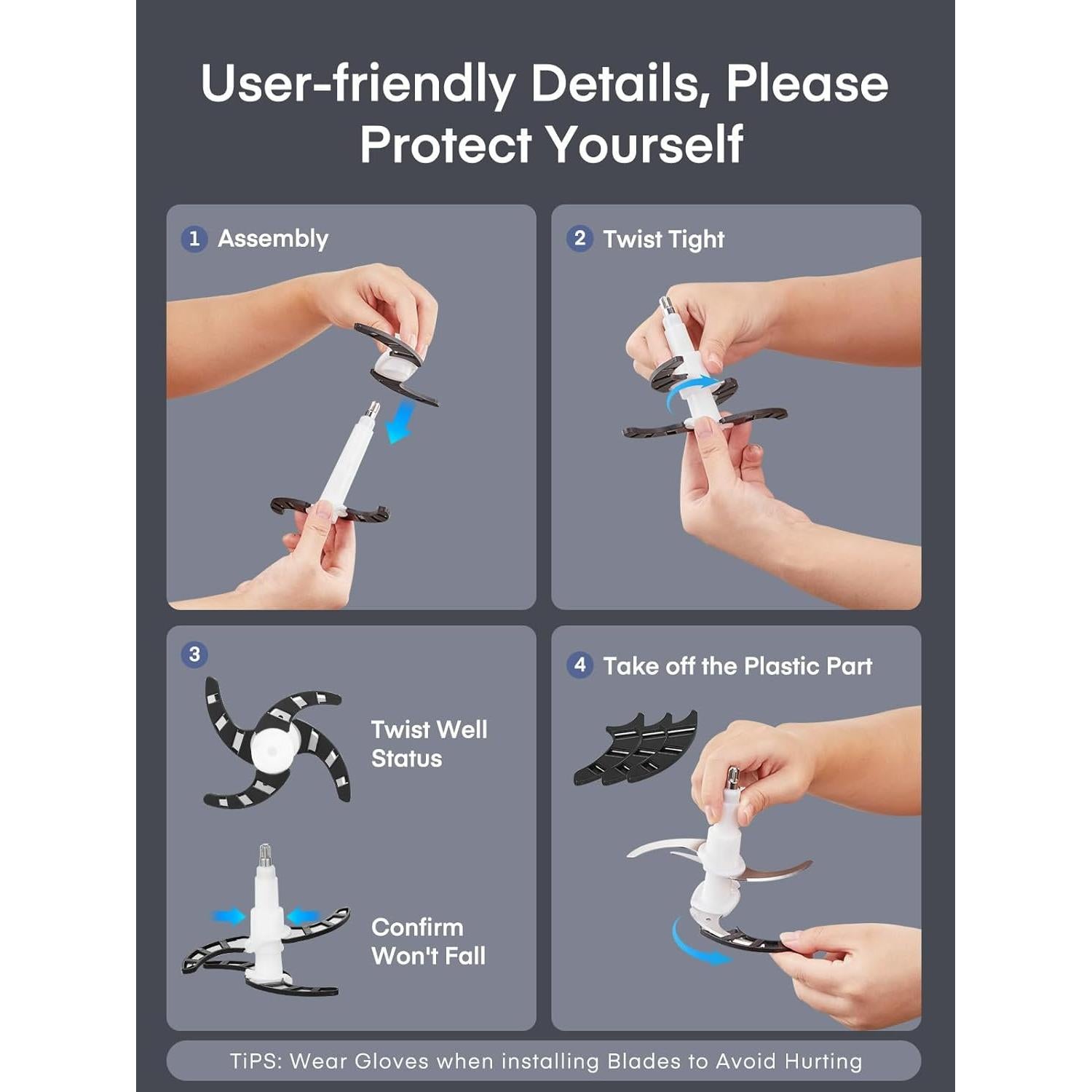 Procesador de Alimentos FOHERE 300W, Picadora Eléctrica 8T + 7T