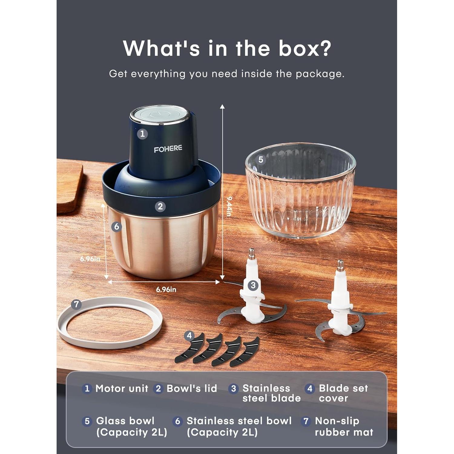 Procesador de Alimentos FOHERE 300W, Picadora Eléctrica 8T + 7T