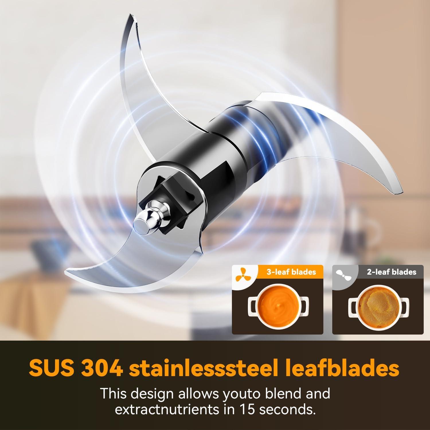 Protable Food Processor 6 in 1 Hand Blender 2000mAh, Handheld Blender Stainless Steel Blade With 300ml Mixing Beaker, Vegetable Slicer,Meat Chopper, Whisk and Milk Frother